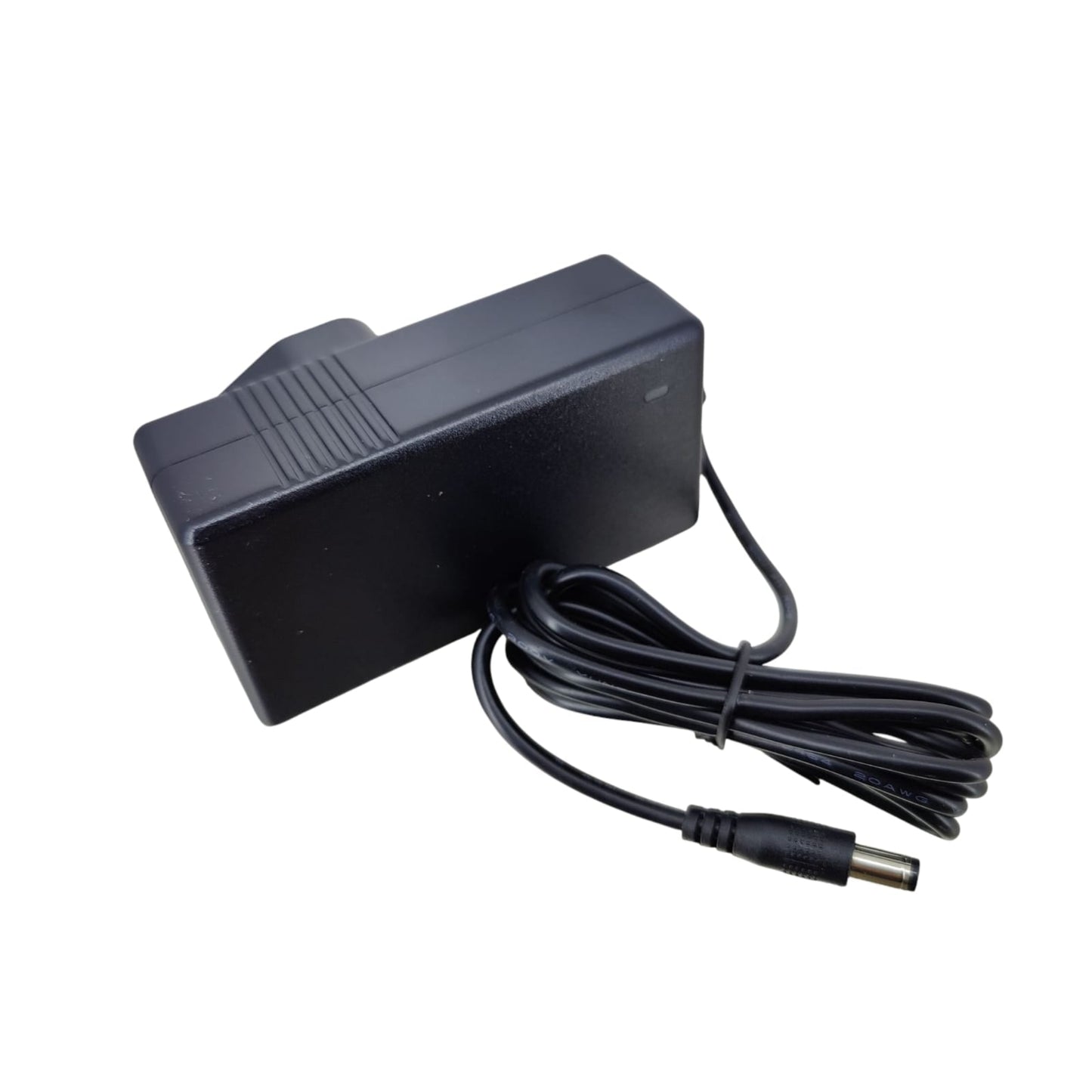 Side profile of the black 15V 2.8A power adapter with its cable and 5.5mm DC connector.