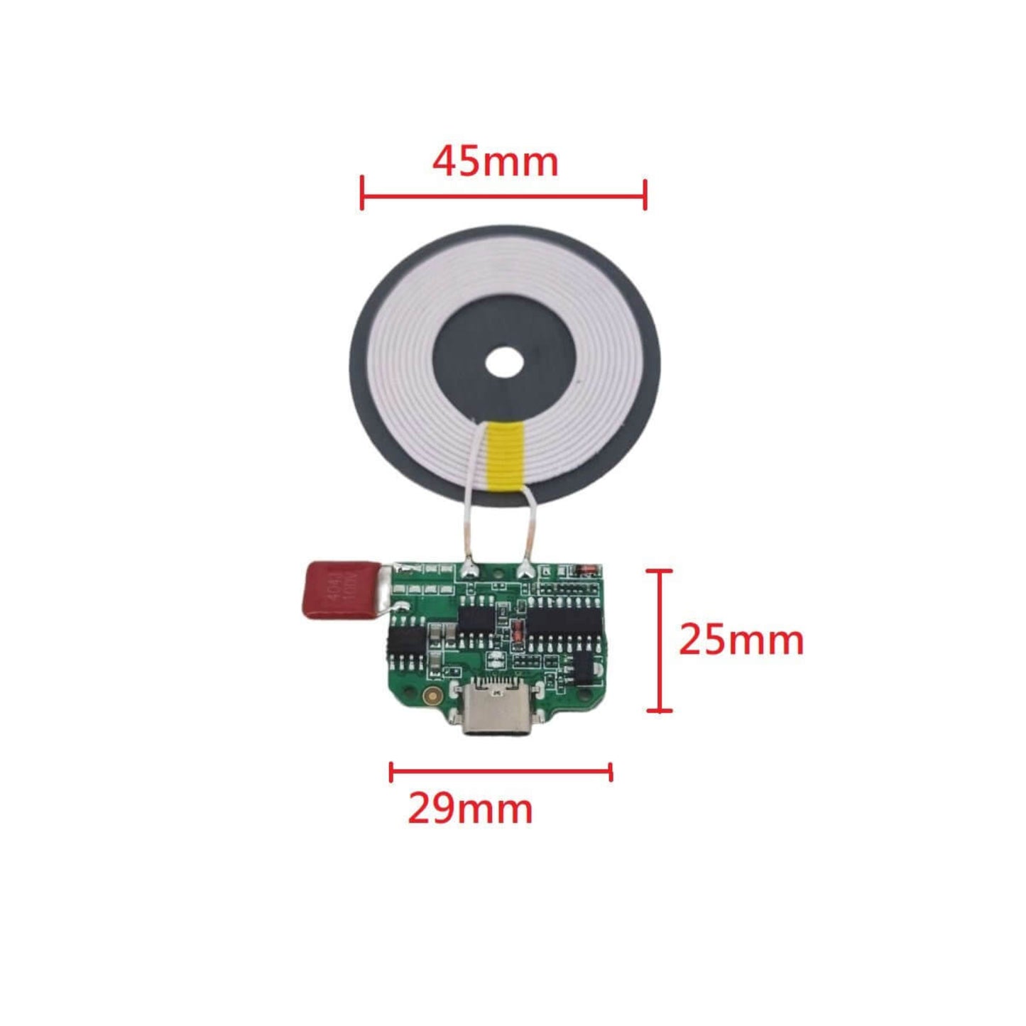 Dimensions of the 15W Qi Wireless Charger Module, showing 45mm coil, 29mm board width, and 25mm board length.