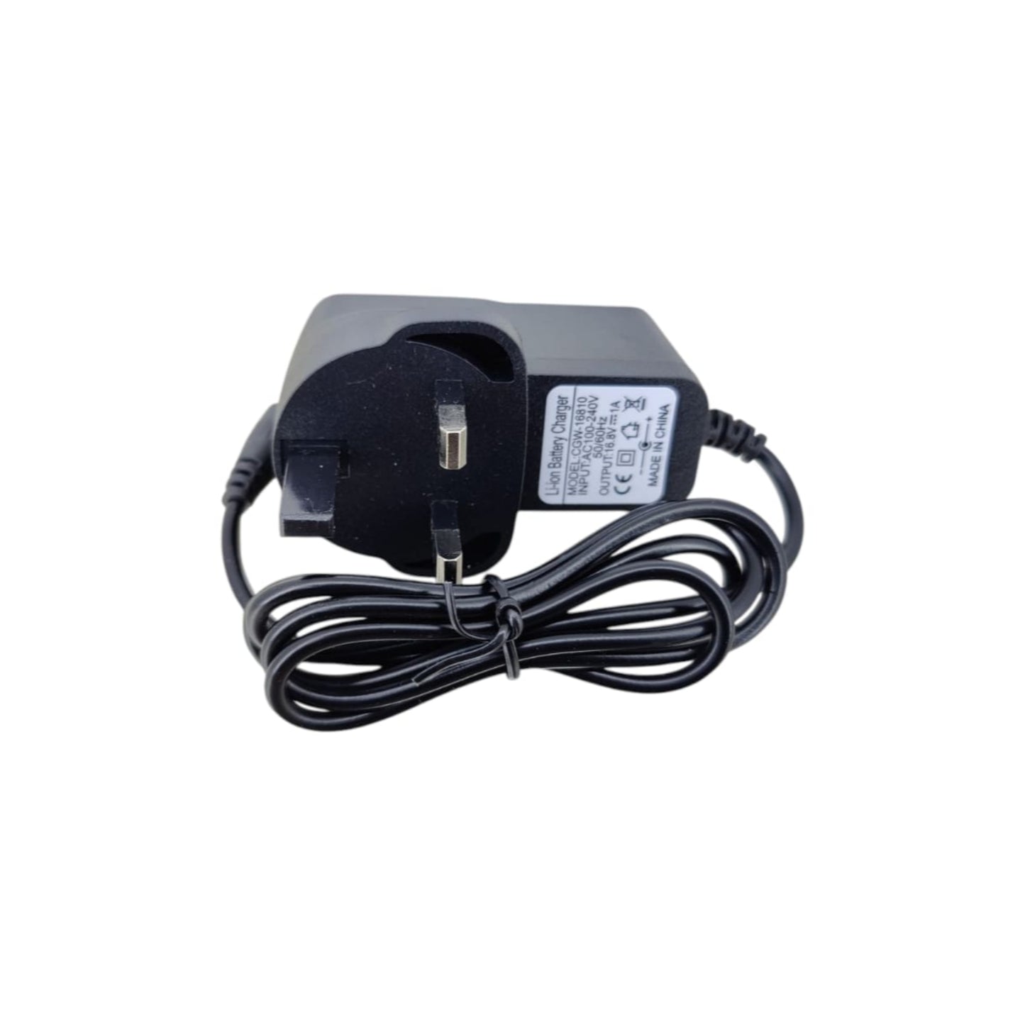 16.8V 1A Li-ion battery charger with UK plug and 5.5x2.1mm DC connector.