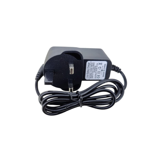 16.8V 1A Li-ion battery charger with UK plug and 5.5x2.1mm DC connector.