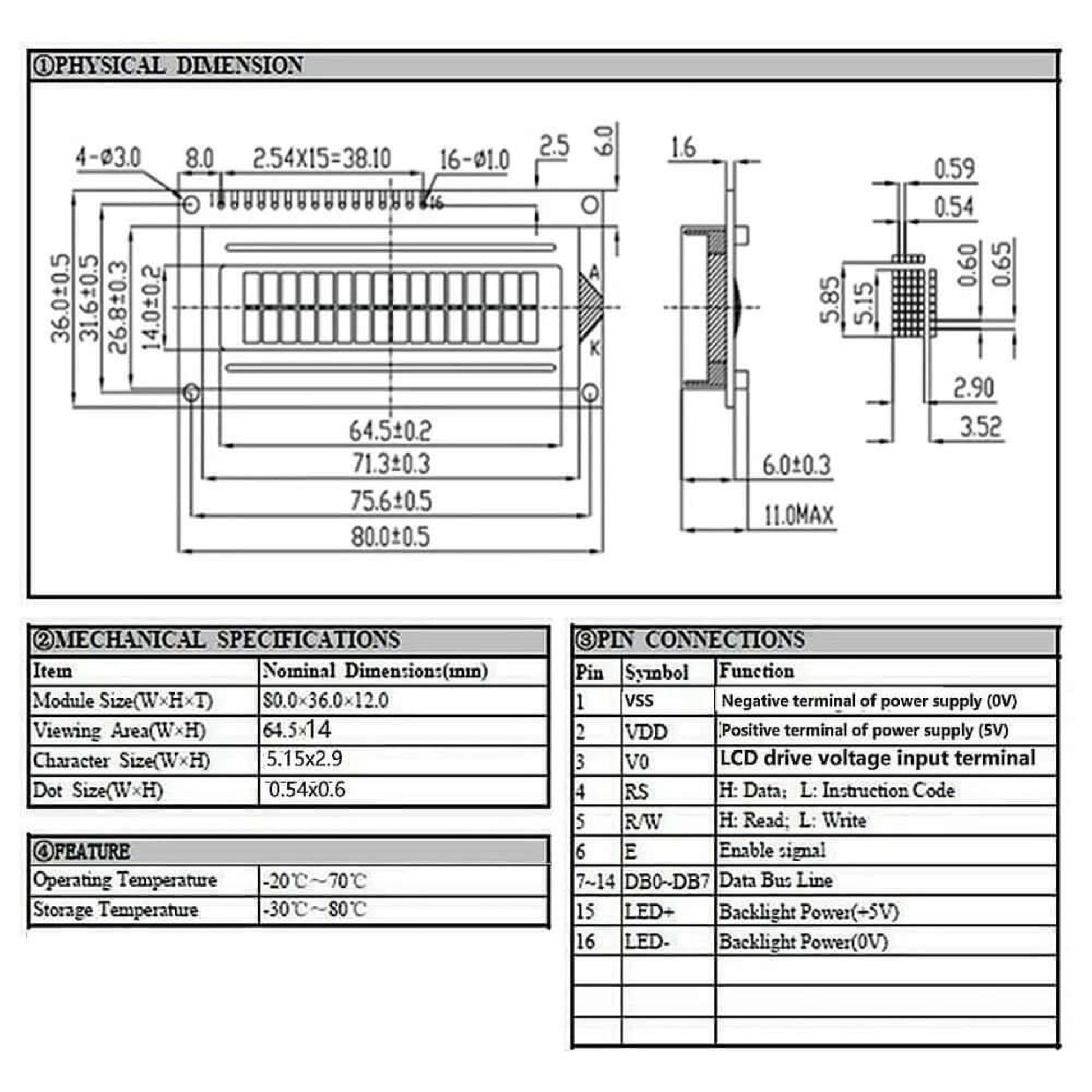 Technical drawing with physical dimensions, pinout table, and specifications for the 16x2 Character LCD.