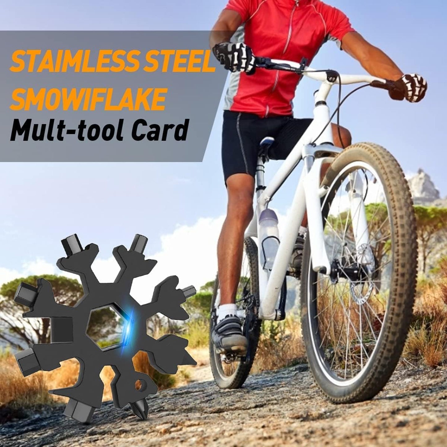 18-in-1 snowflake multi-tool card for biking, featuring durable stainless steel design for outdoor adventures.