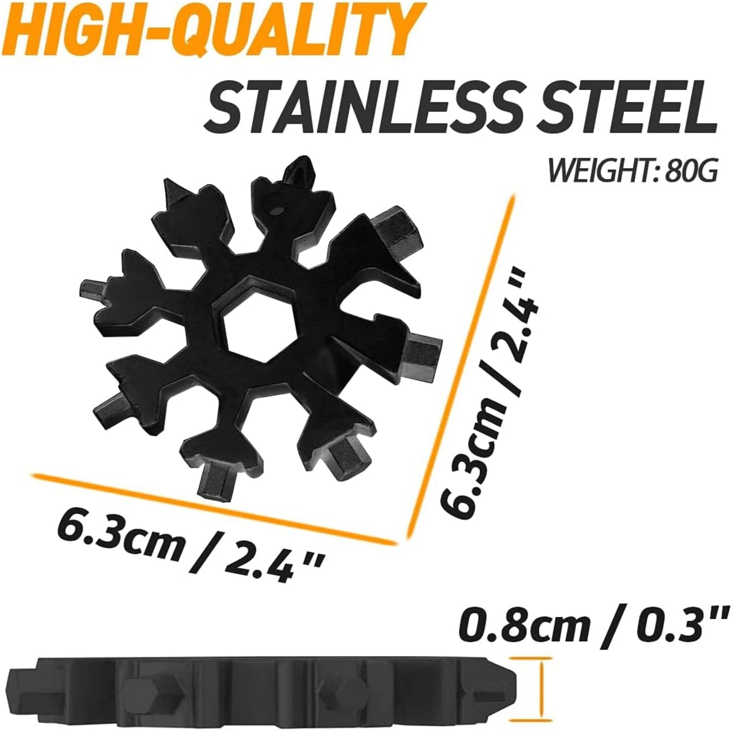 18-in-1 Snowflake Multi-Tool in black, made from high-quality stainless steel with measurements and weight.