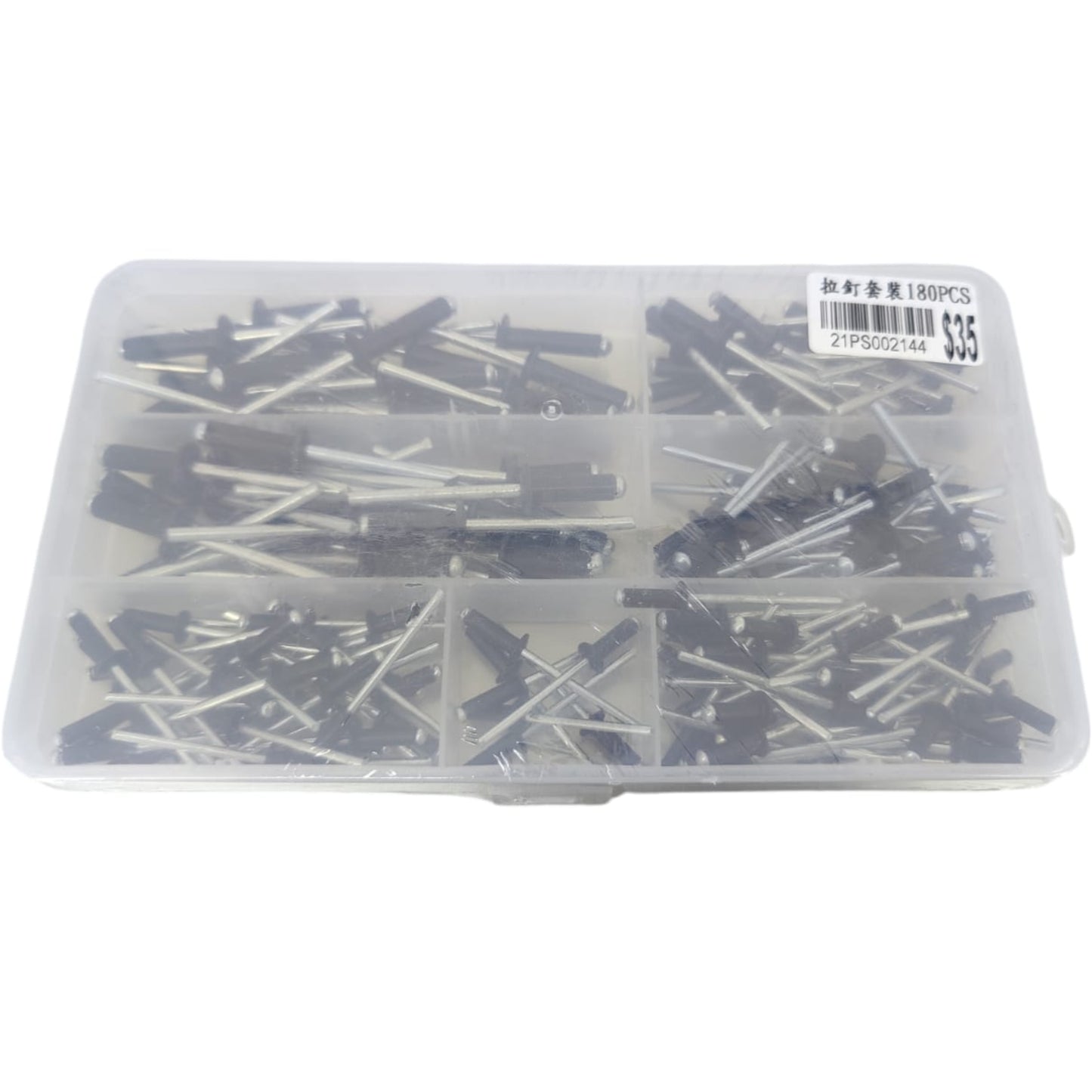 180pcs black plated aluminum blind rivets kit displayed in transparent storage box.
