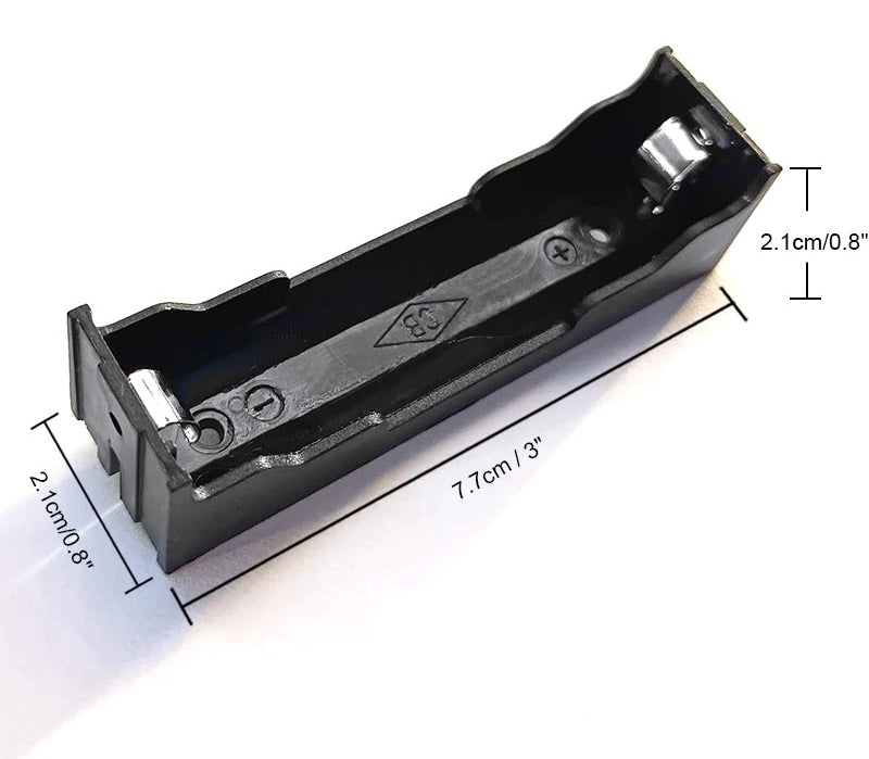 Angled view of a 1-slot 18650 battery holder with length, width, and height dimensions in cm and inches.