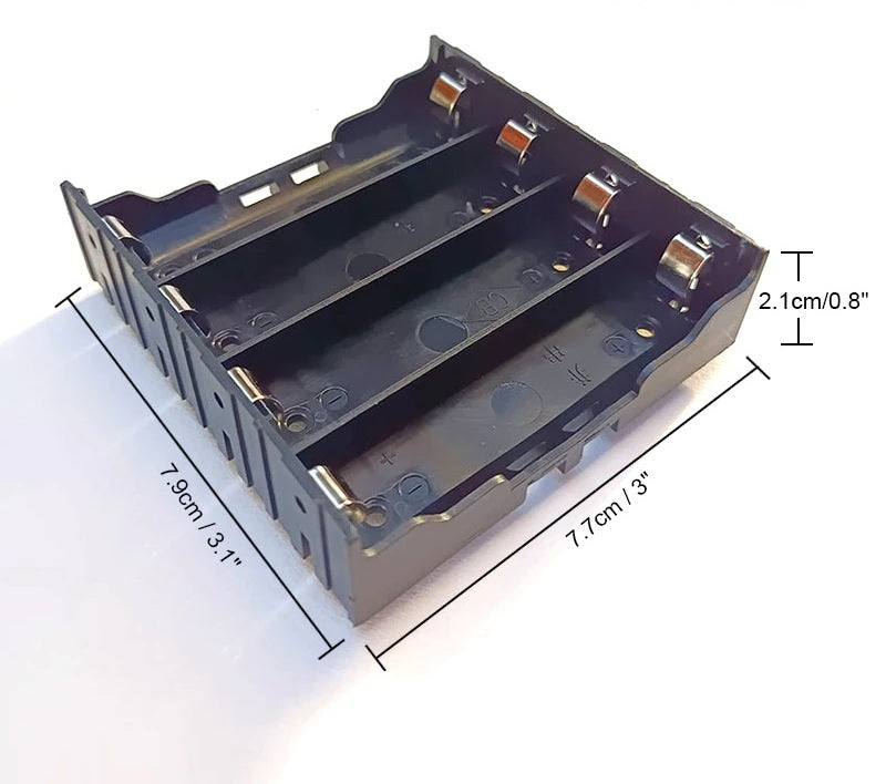 Top-down view of a 4-slot 18650 battery holder showing length and width dimensions in cm and inches.