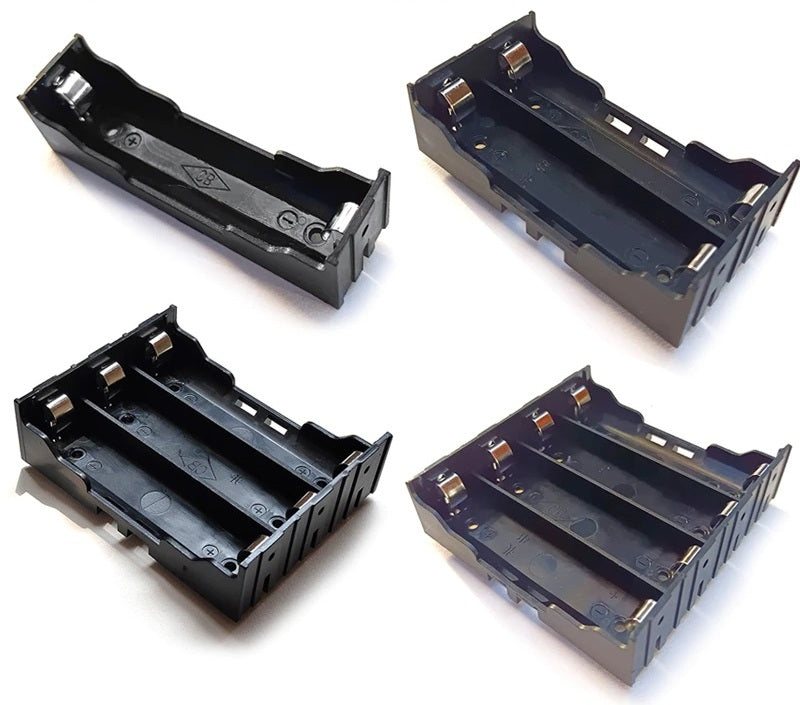 Four different angled views of 18650 battery holders (1-slot, 2-slot, 3-slot, 4-slot) showcasing the design.