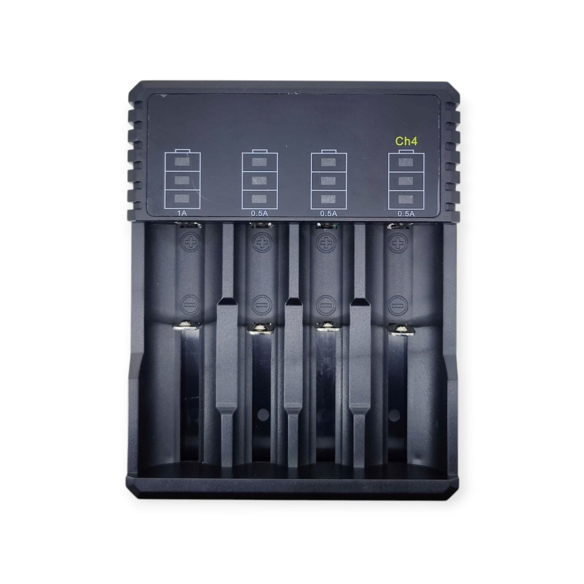 CH4 4-Slot USB-C Li-ion Battery Charger for 18650/26650/21700 with USB Type-C port and smart charging design.