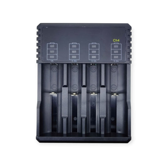 CH4 4-Slot USB-C Li-ion Battery Charger for 18650/26650/21700 with USB Type-C port and smart charging design.