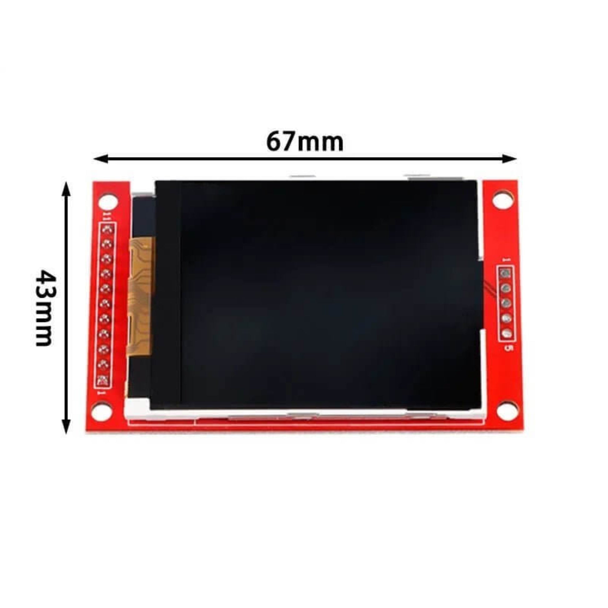 Front view of the 2.2 inch TFT LCD display module with dimensions shown: 67mm width and 43mm height.