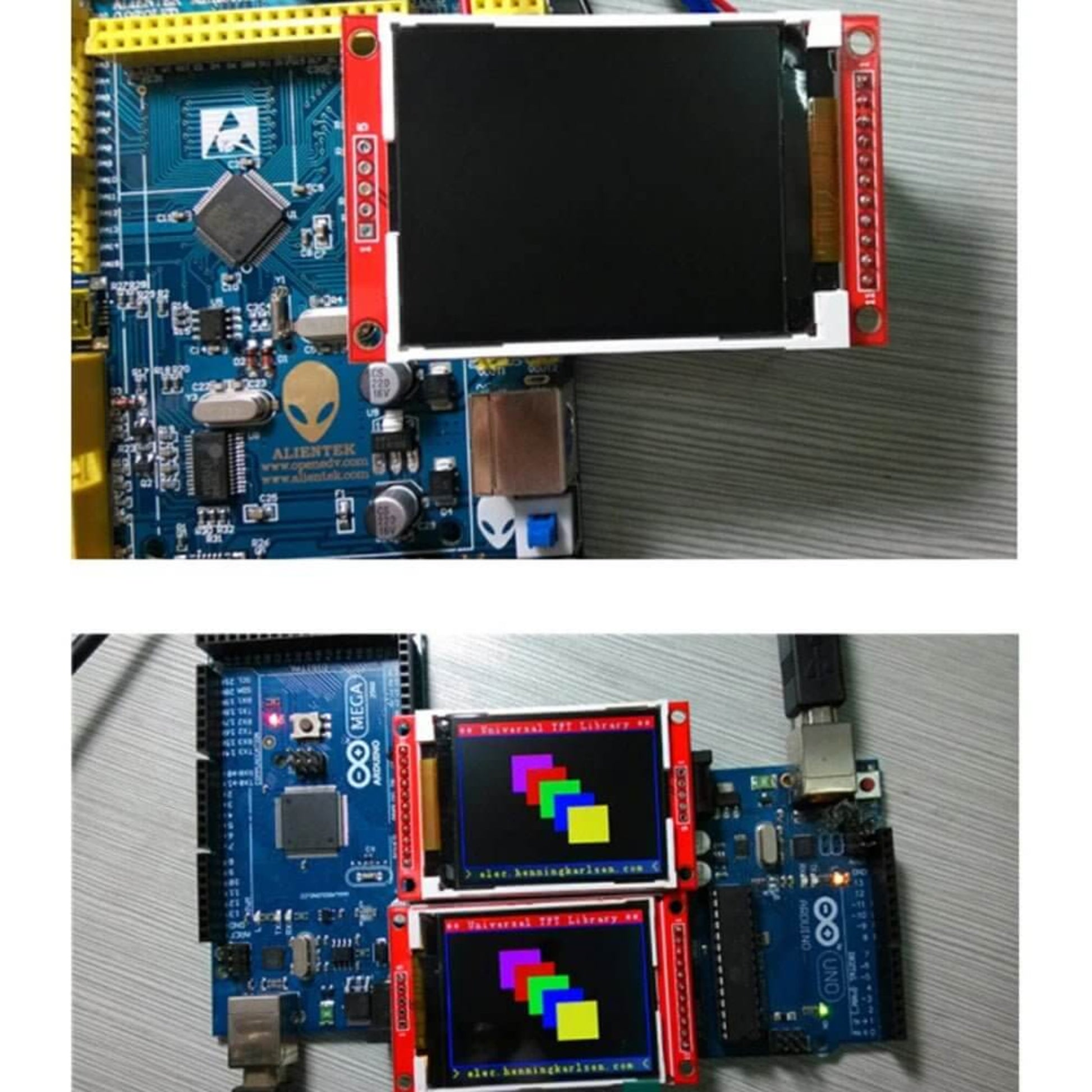 Example usage of the 2.2 inch TFT LCD display connected to an Arduino Mega board, showing a colorful graphics demo.