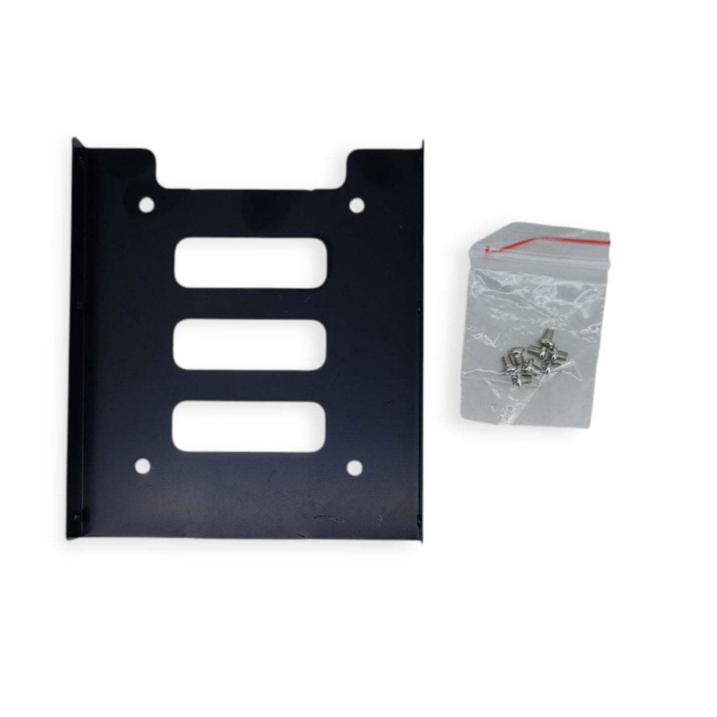 Black SSD mounting bracket shown next to a small bag of installation screws.