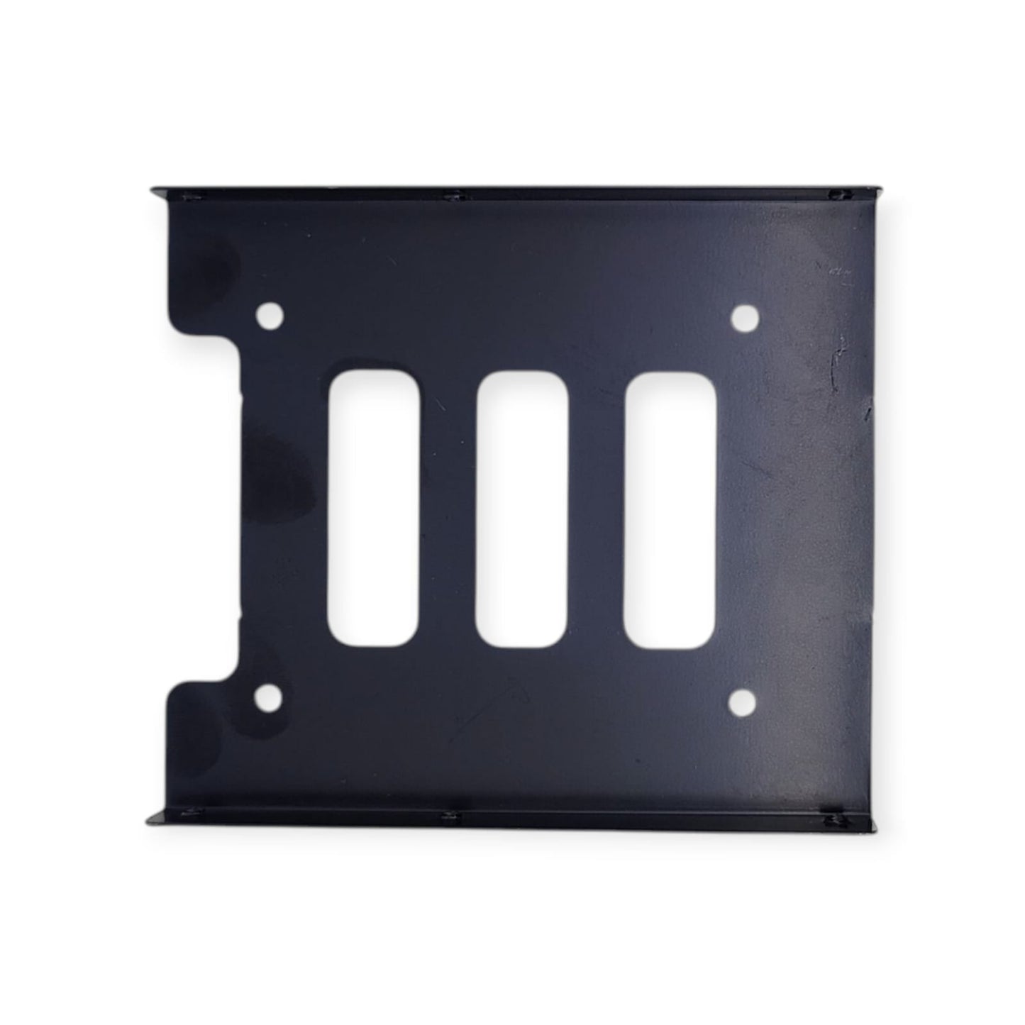 Top-down view of a black metal 2.5-inch to 3.5-inch SSD mounting bracket.