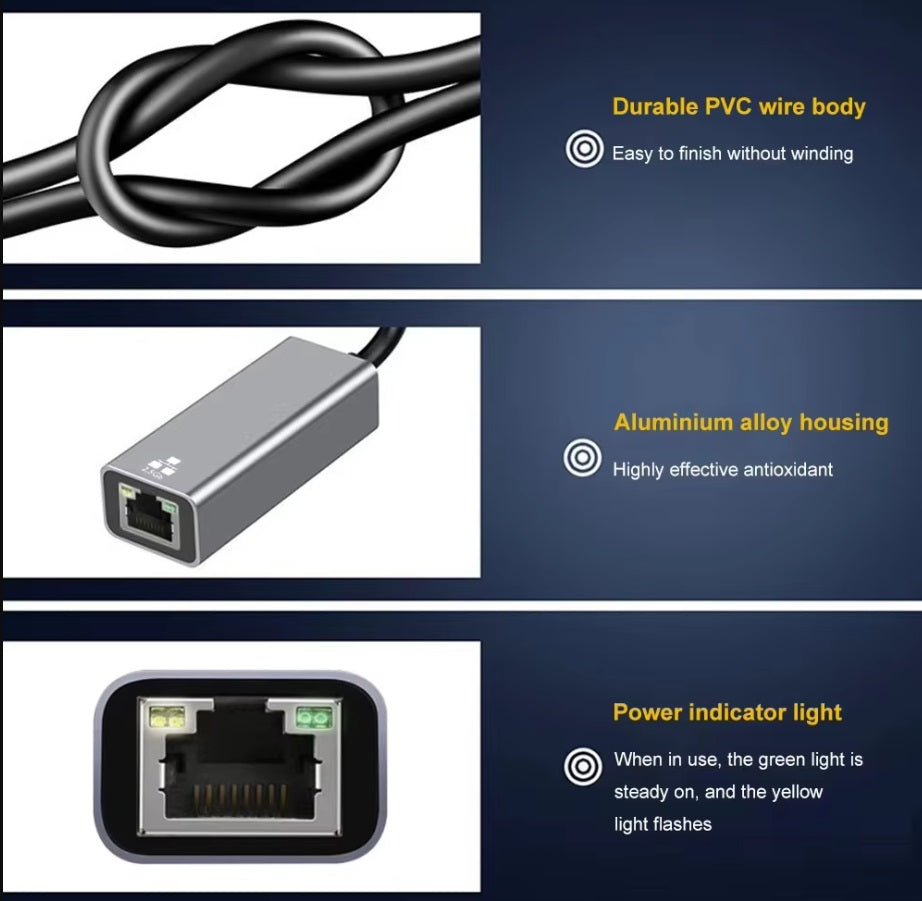 Close-up of a 2.5G Ethernet adapter showcasing PVC wire body, aluminium housing, and power indicator light features.