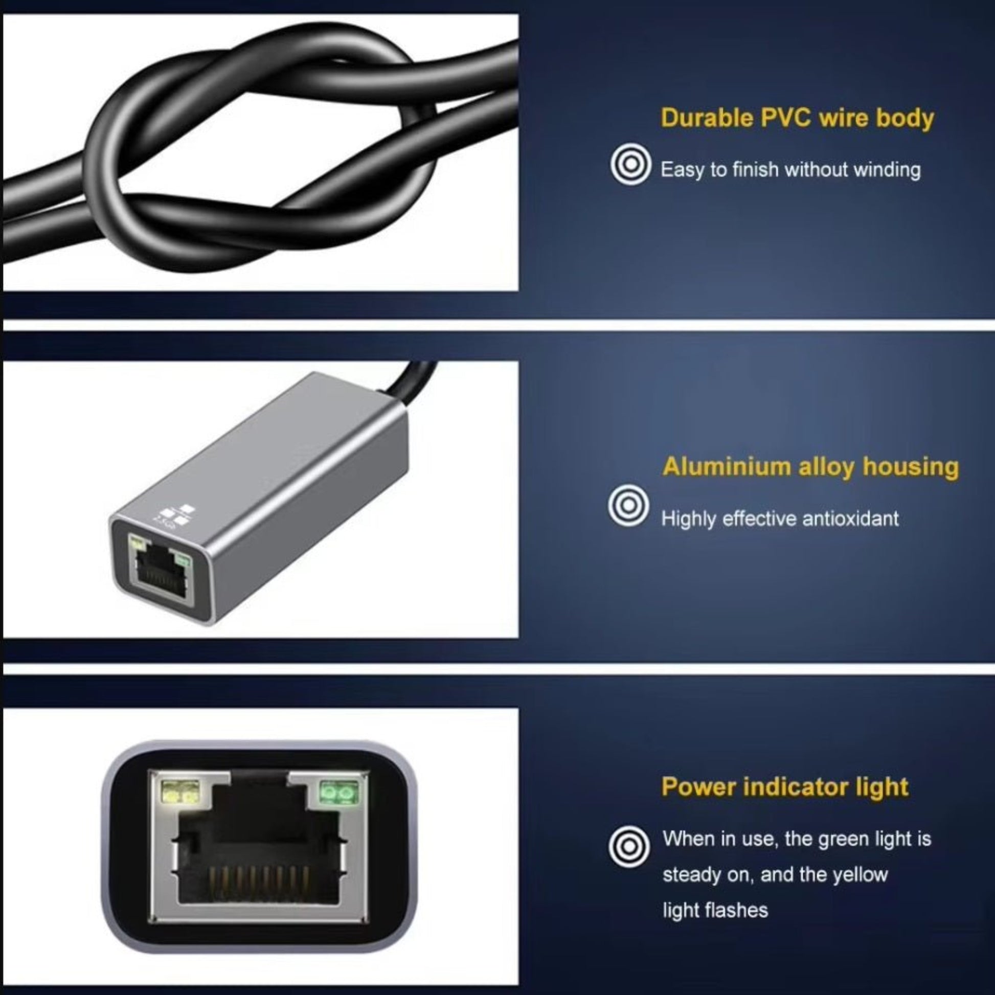 Close-up of a 2.5G Ethernet adapter showcasing PVC wire body, aluminium housing, and power indicator light features.
