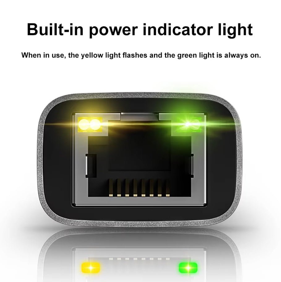 Close-up of 2.5G Ethernet adapter showing built-in power indicator lights for network status.