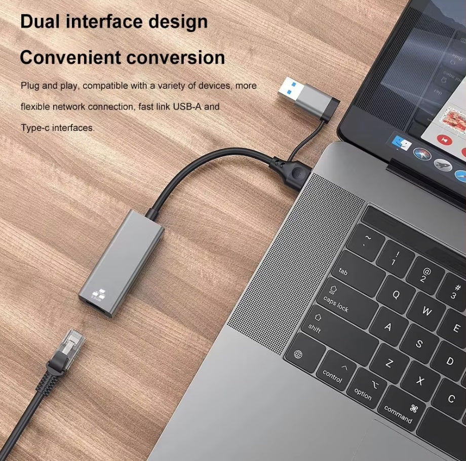 2.5G USB/Type-C Ethernet adapter connected to laptop, showcasing dual interface design and fast network capabilities.
