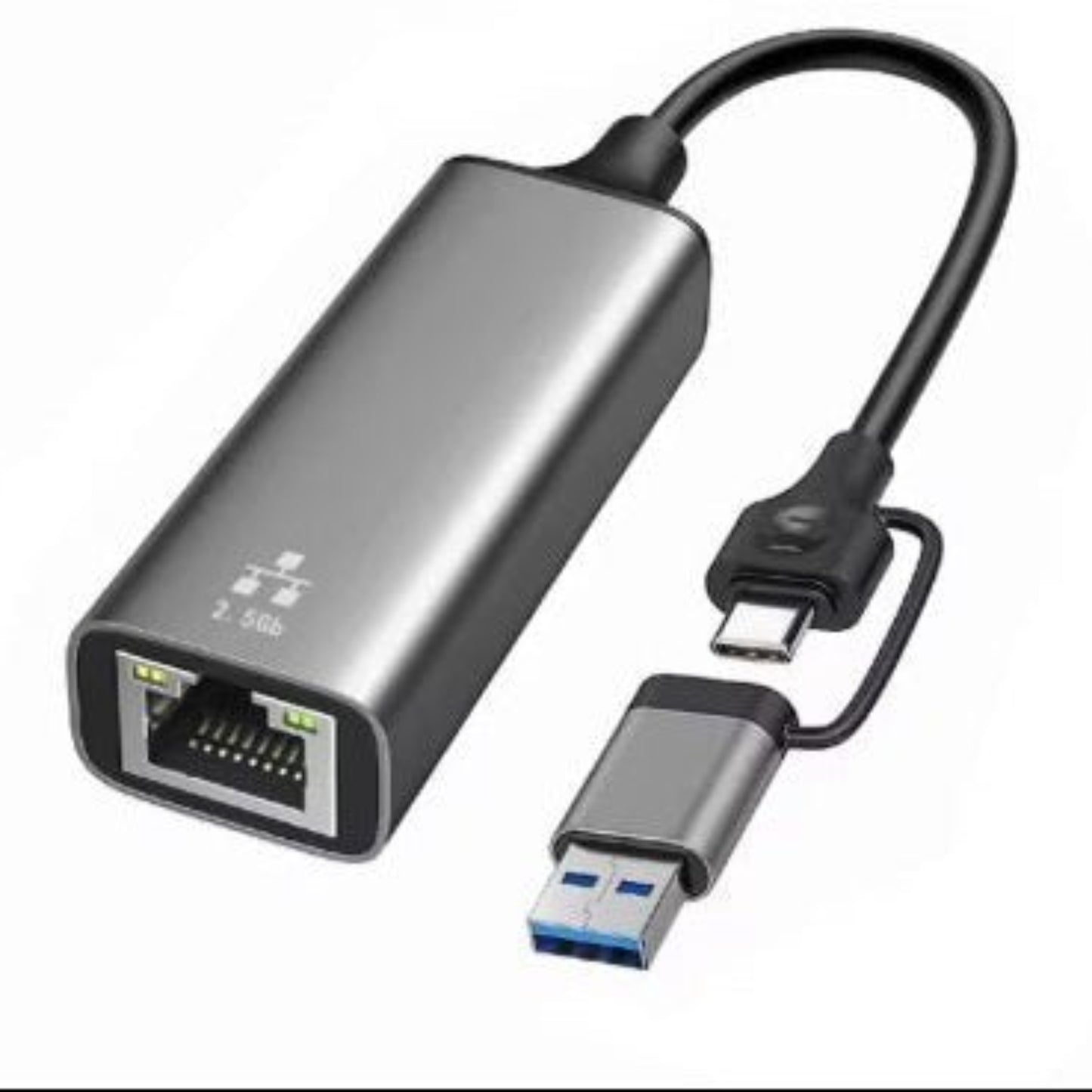 2.5G USB/Type-C Ethernet adapter with dual interfaces for high-speed internet connectivity.