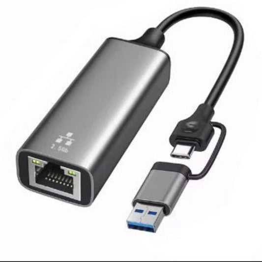 2.5G USB/Type-C Ethernet adapter with dual interfaces for high-speed internet connectivity.
