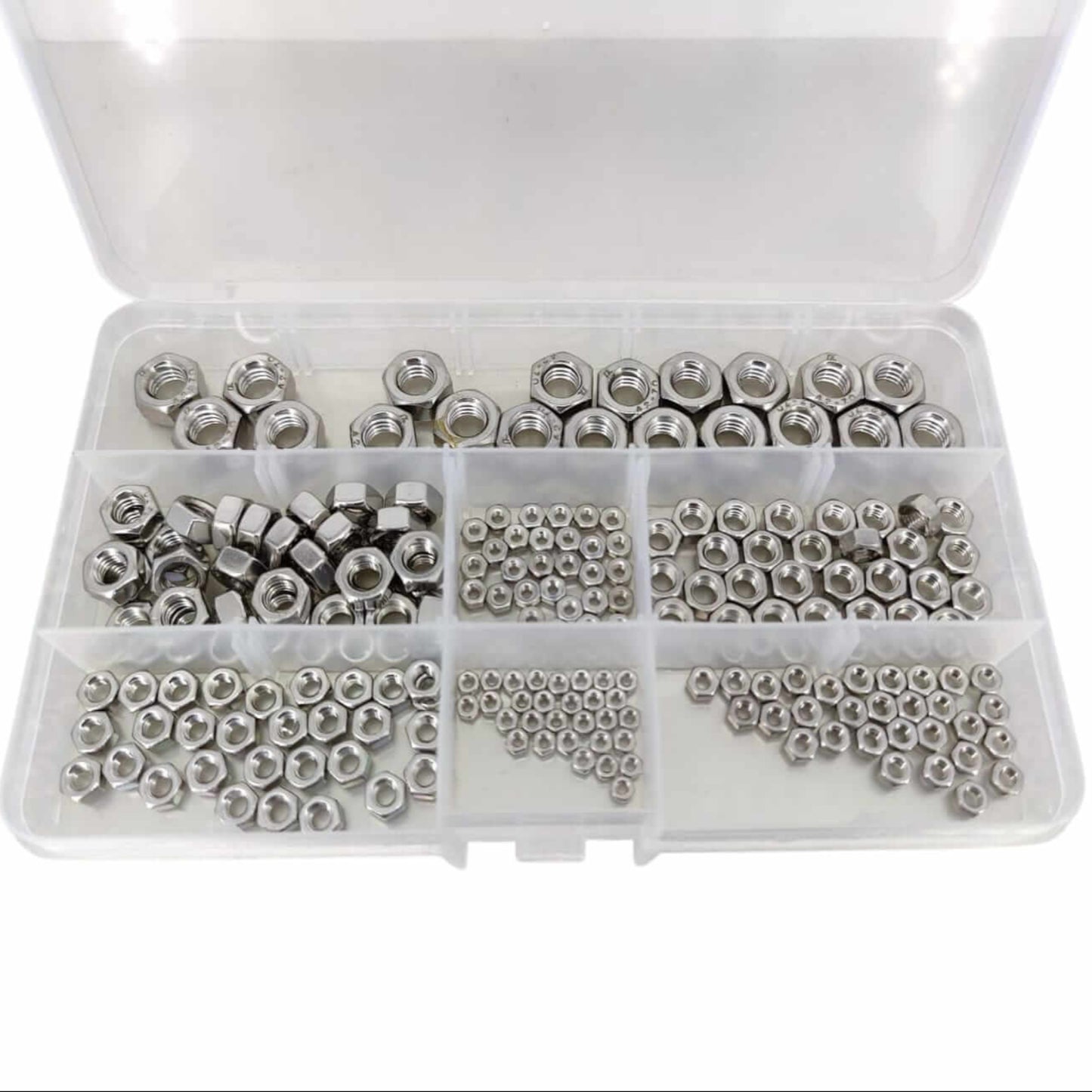 200-piece 304 stainless steel hex nut assortment kit in organizer box, rust-resistant fasteners for DIY and industrial use.