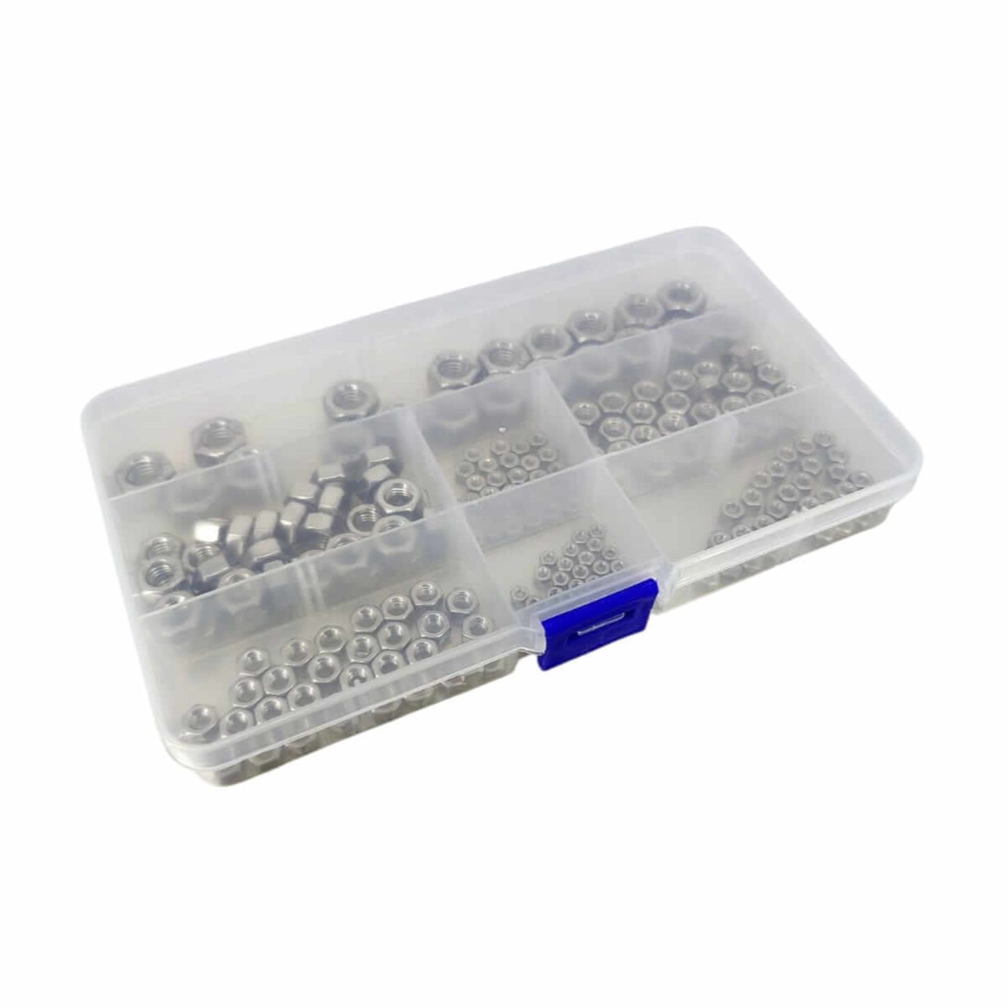 200pcs 304 stainless steel hex nut assortment kit in a clear plastic organizer box.