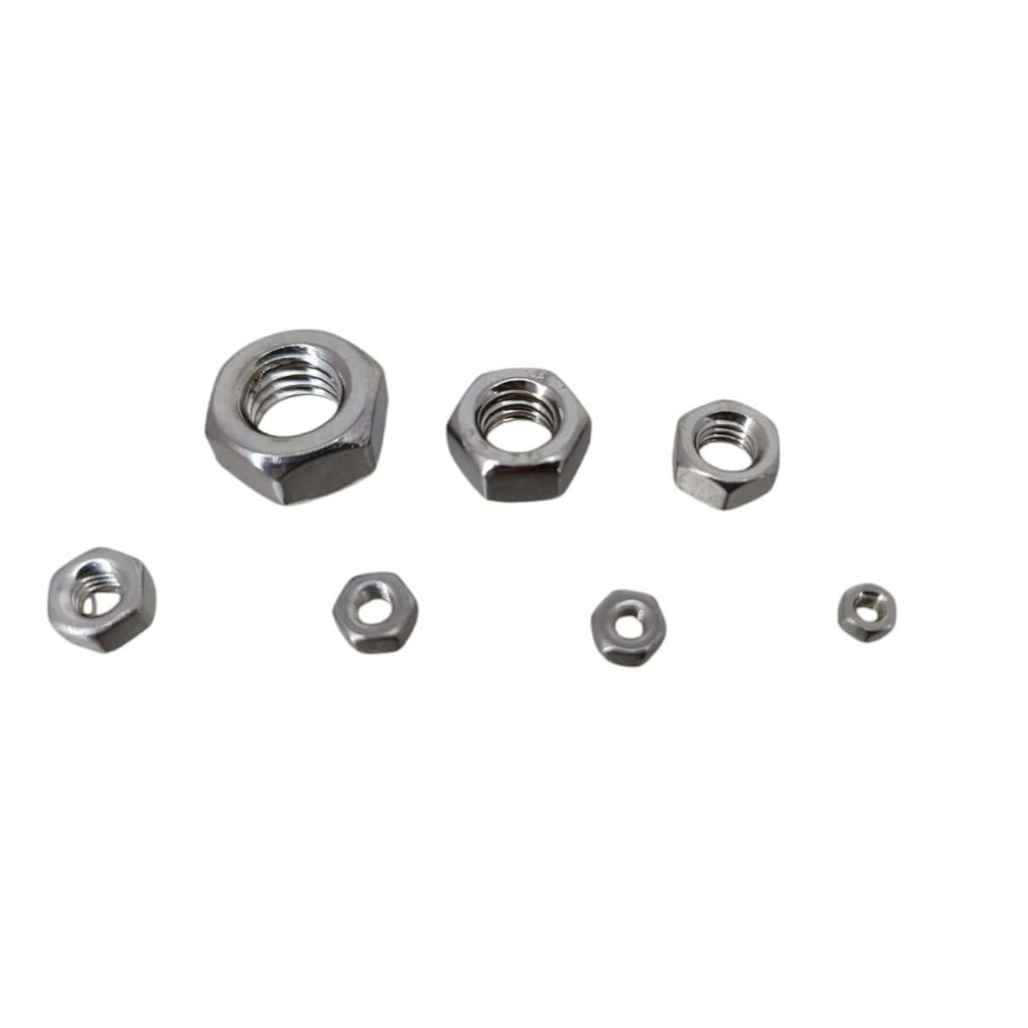 Assorted 304 stainless steel hexagon nuts in various sizes for durable fastening and corrosion resistance.