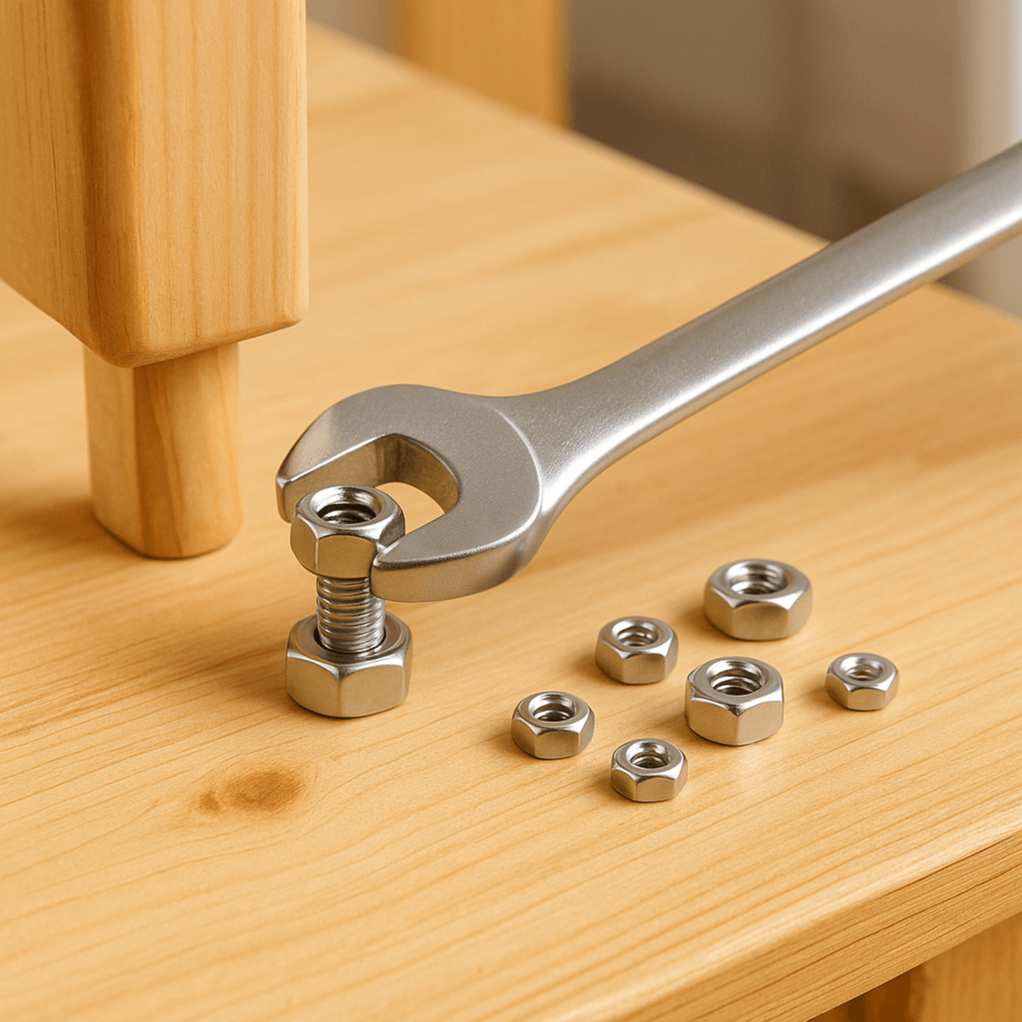A silver wrench tightening a stainless steel hex nut on a wooden surface, surrounded by additional hex nuts.