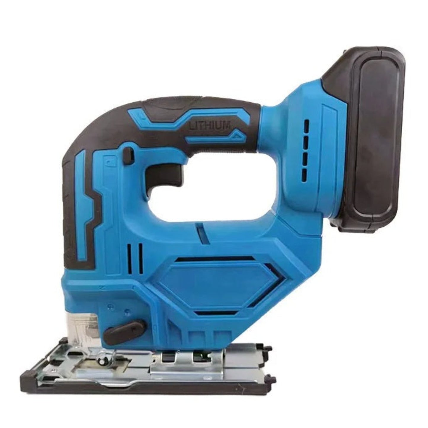 Left side view of the blue and black cordless jigsaw showing the handle and lithium battery pack.