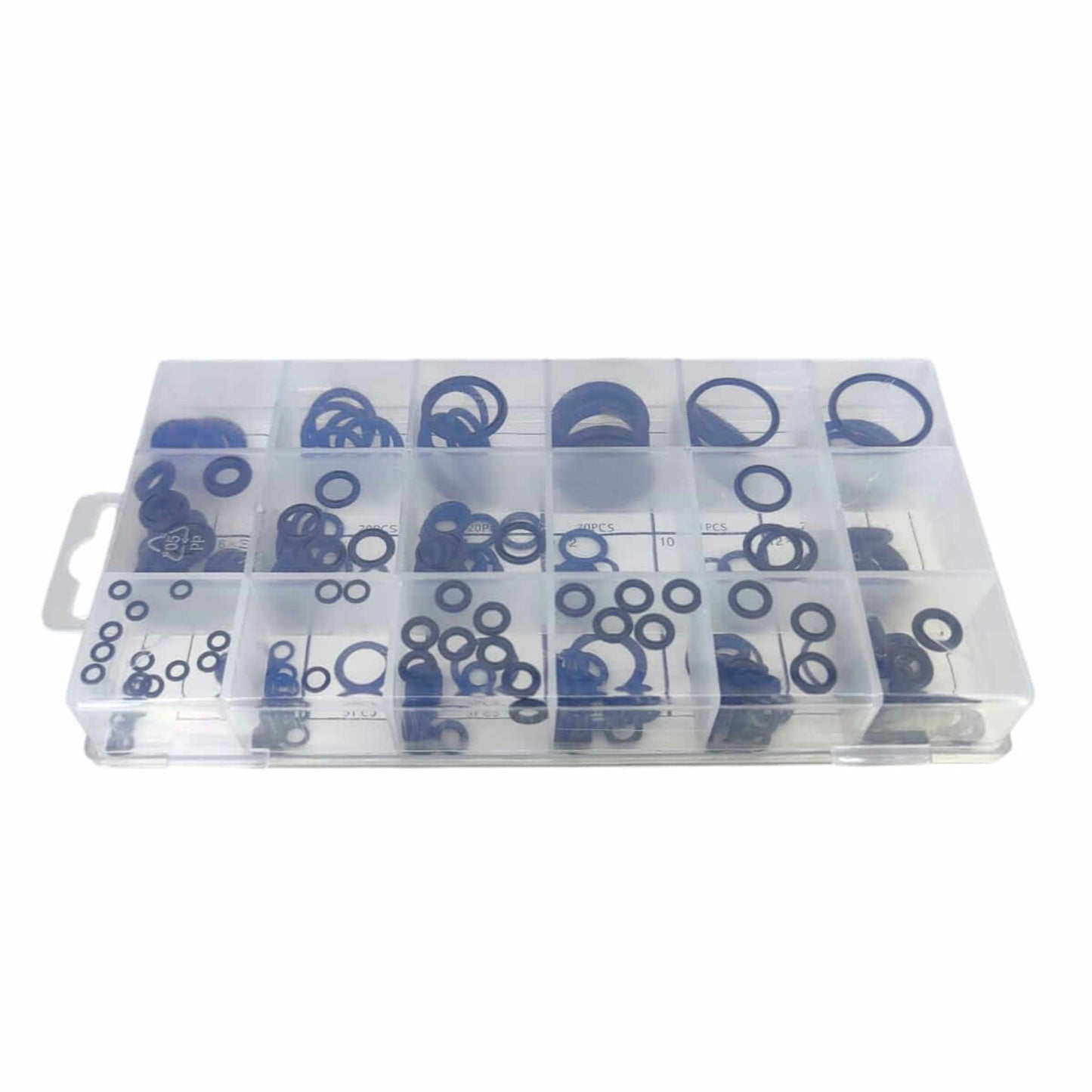 225-piece black Nitrile O-Ring set in clear storage box for plumbing, air, and gas applications.