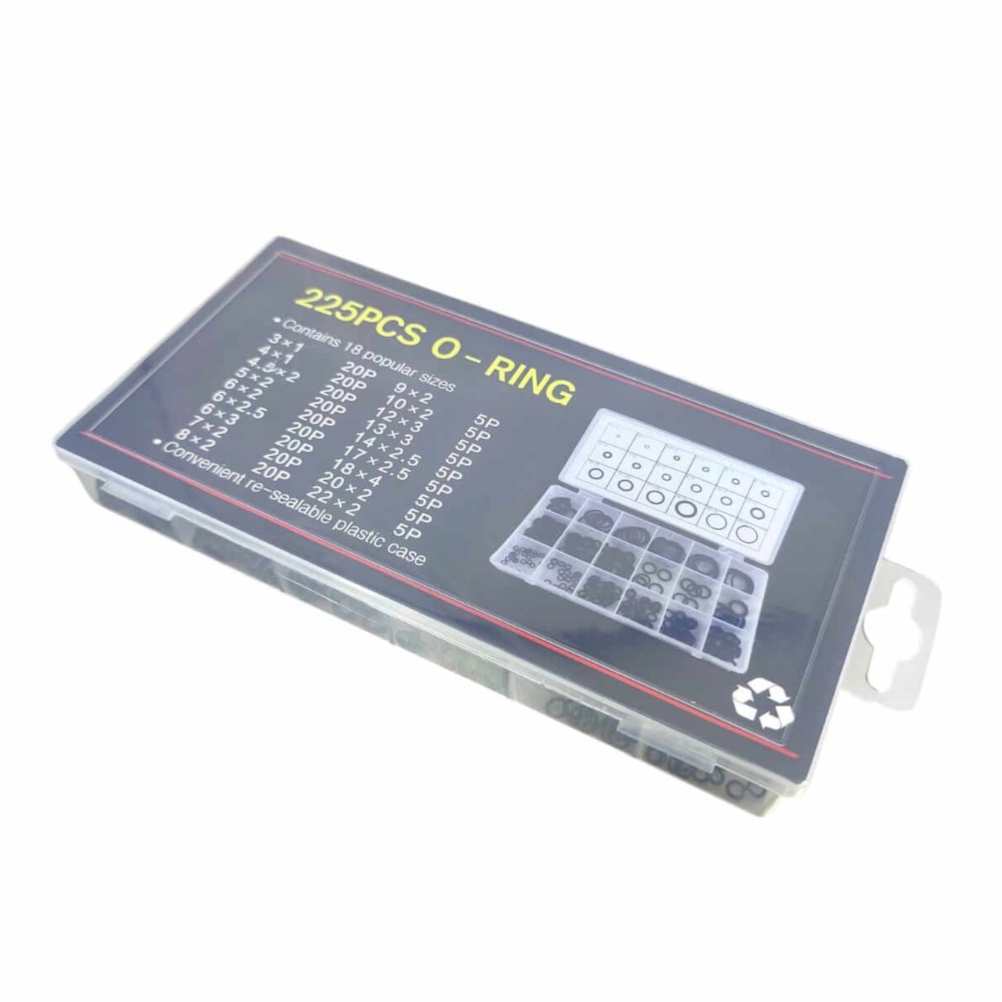 225PCS black Nitrile O-Ring set packaging with assortment details for plumbing and gas applications.