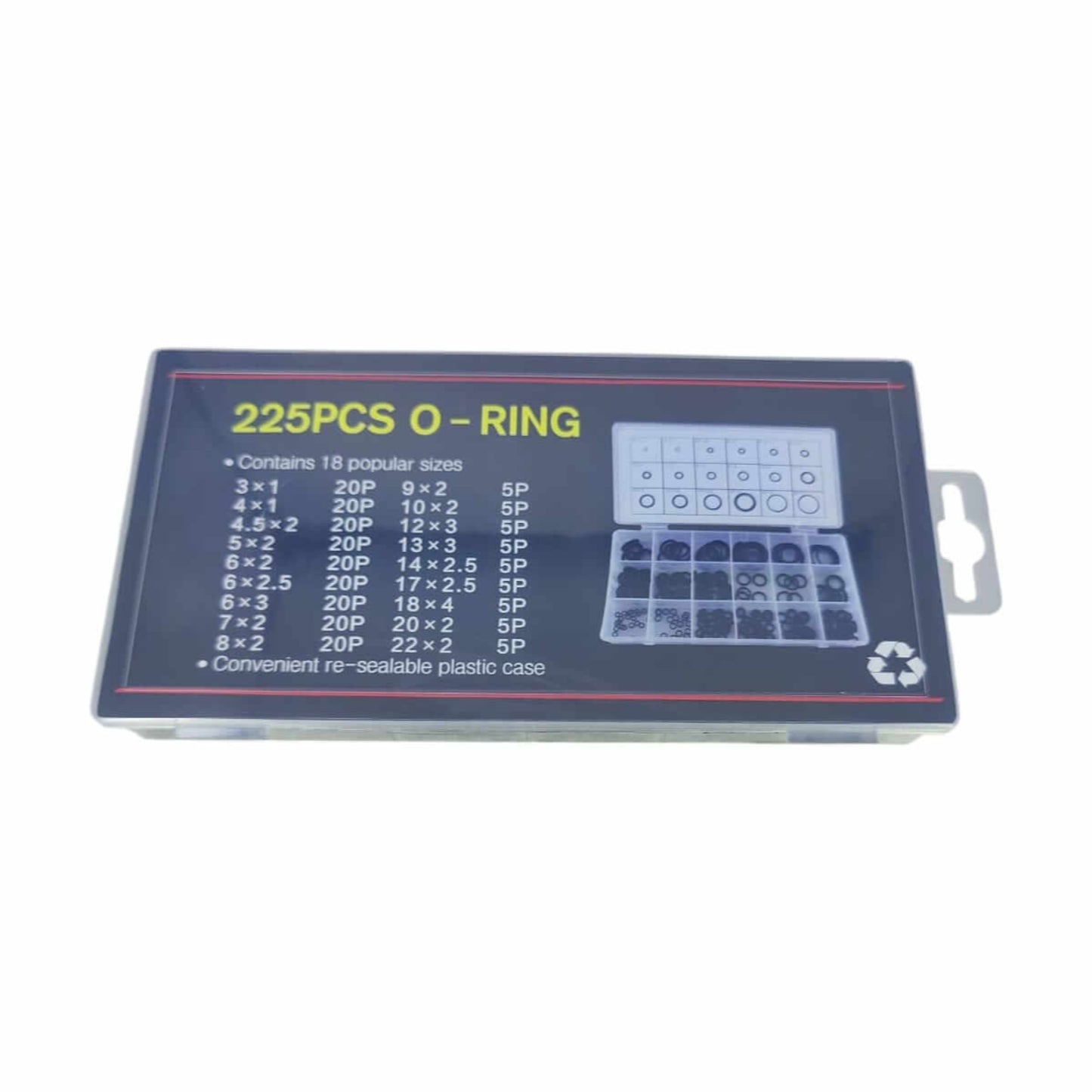 225PCS black Nitrile O-Ring set in a plastic case with size details for plumbing and gas applications.