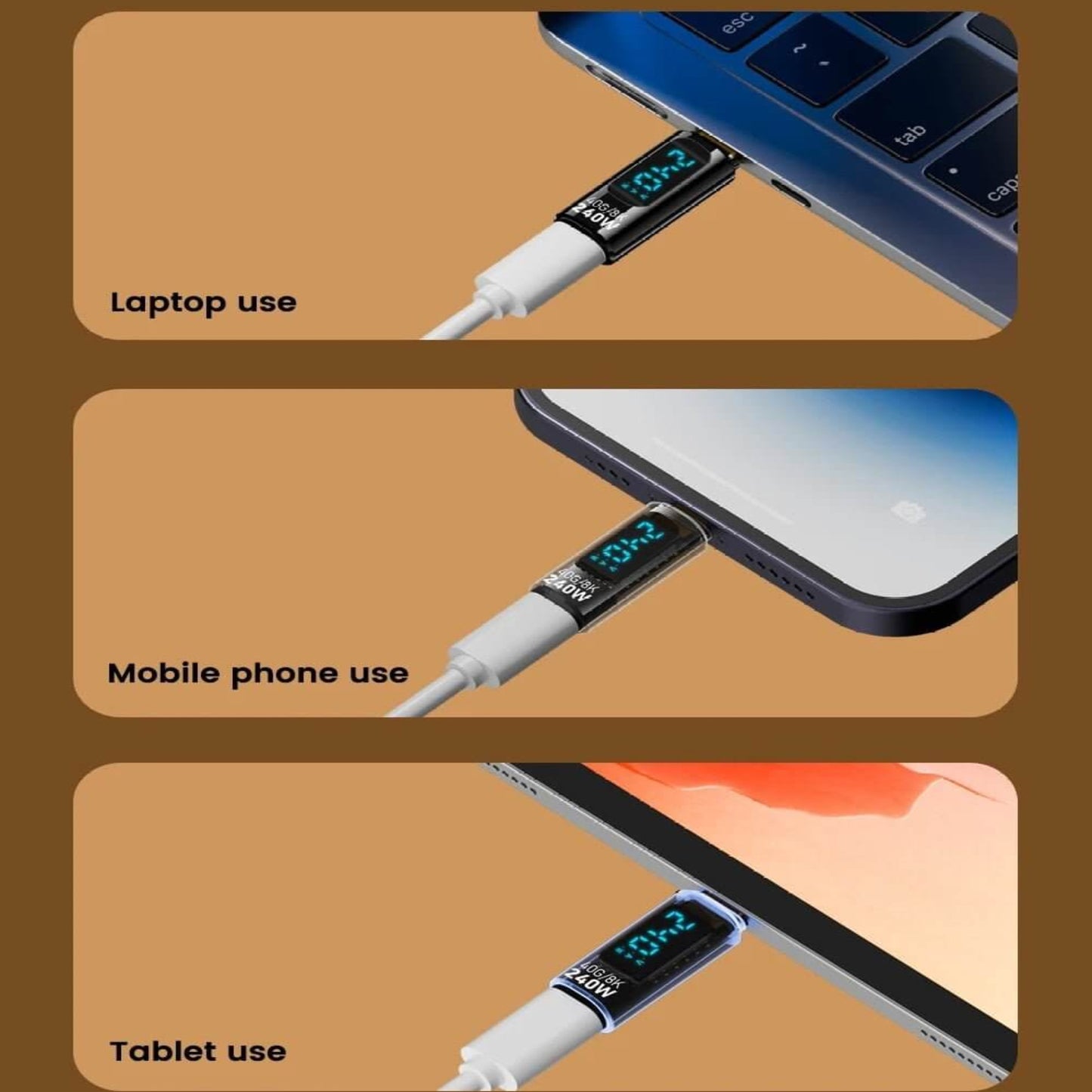 240W Type-C to Type-C Tester shown in use with a laptop, mobile phone, and tablet, featuring a clear digital display.