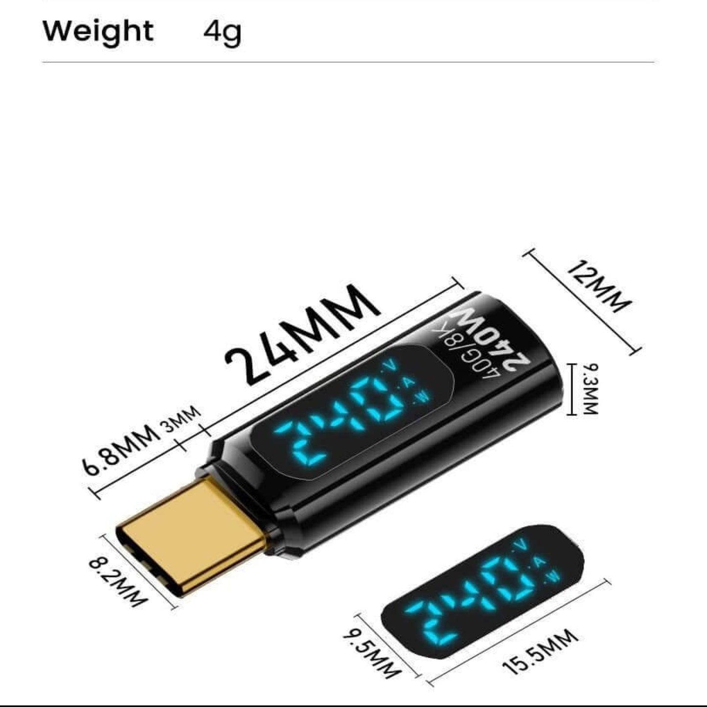 240W Type-C to Type-C tester with digital display, showcasing technical specifications and compact design.