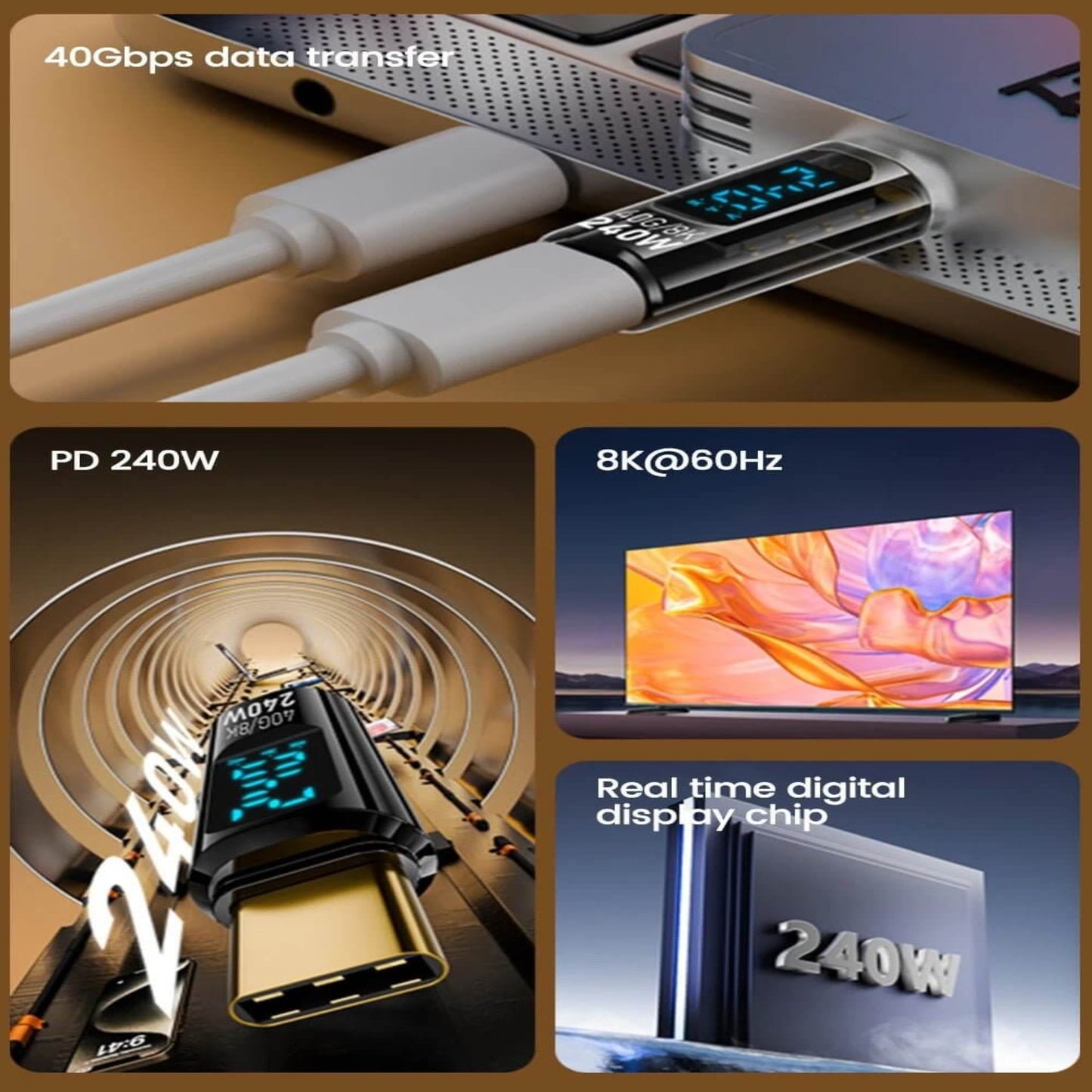 240W Type-C to Type-C Tester showcasing 40Gbps data transfer, 8K resolution, and real-time digital display.