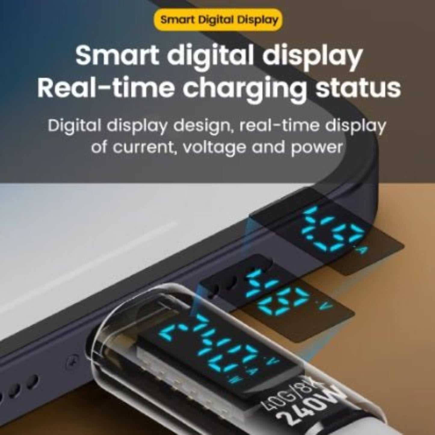 240W Type-C to Type-C tester with smart digital display showing real-time current, voltage, and power status.