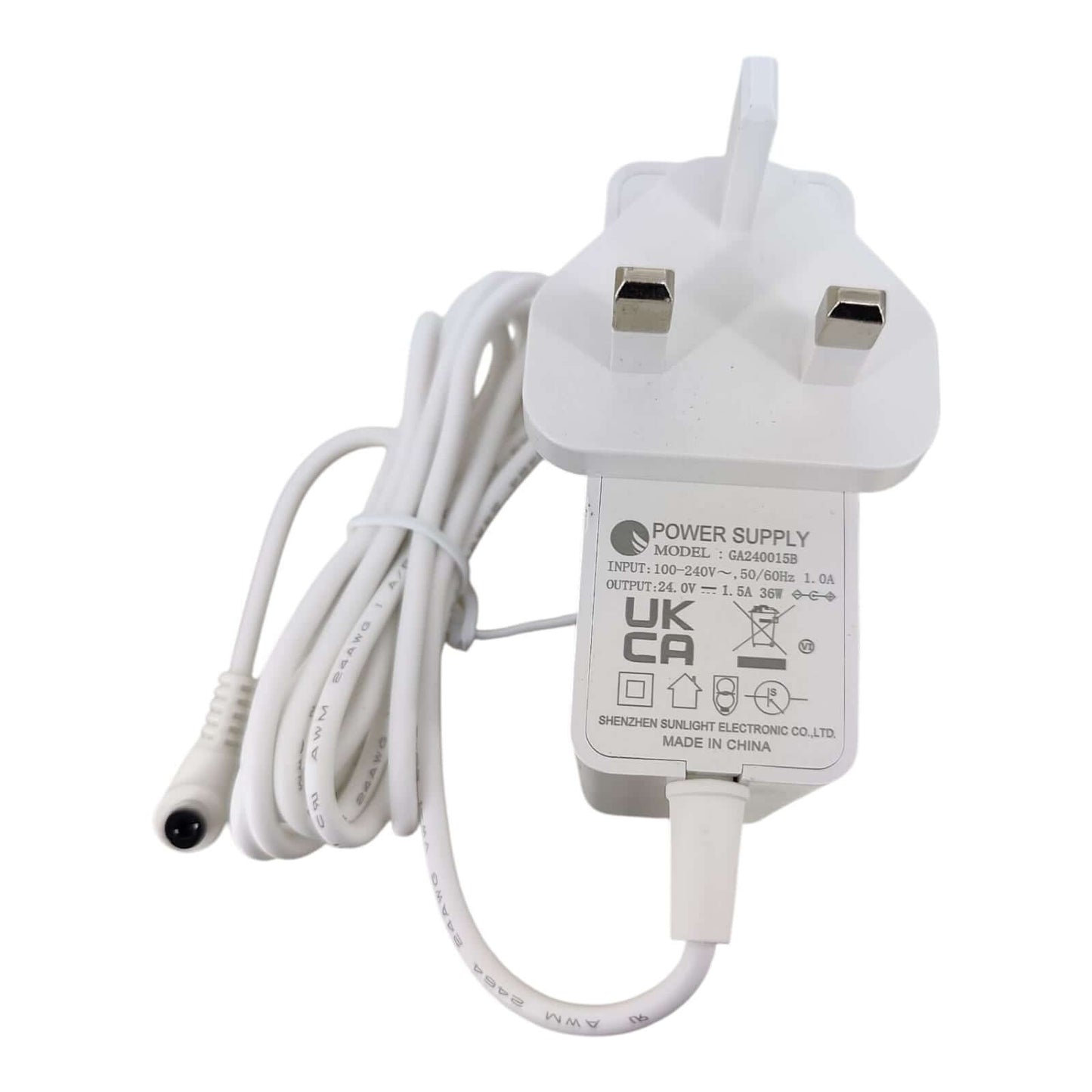 24V 1.5A AC/DC power adapter with UK plug and 5.5x2.1mm DC output for reliable device charging.