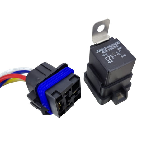 A 24V 80A 4-pin SPST normally open waterproof automotive relay with its pre-wired socket.