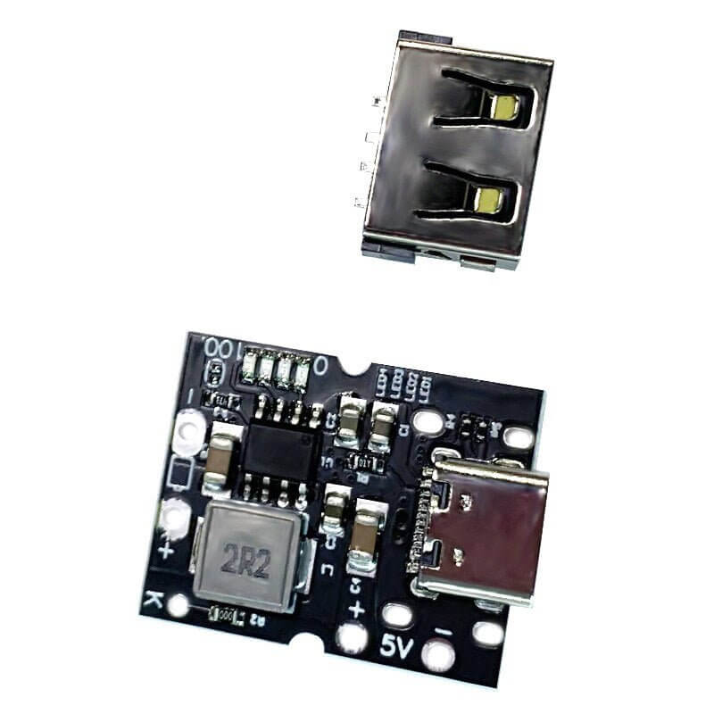 5V 2A charge-discharge integrated module with Type-C input and USB-A port for lithium battery applications.