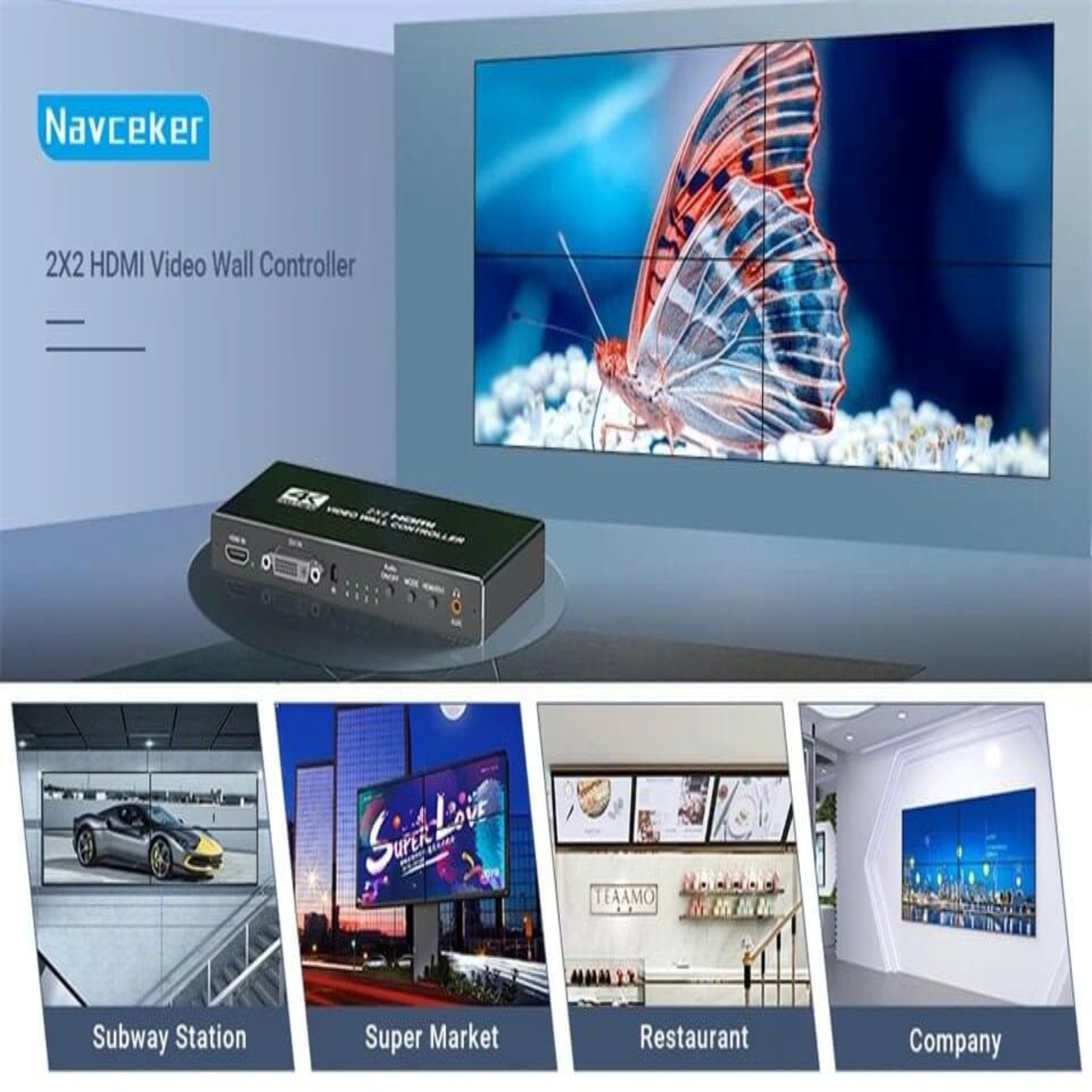 Navceker 2x2 HDMI video wall controller used in various settings like restaurants, companies, and supermarkets.