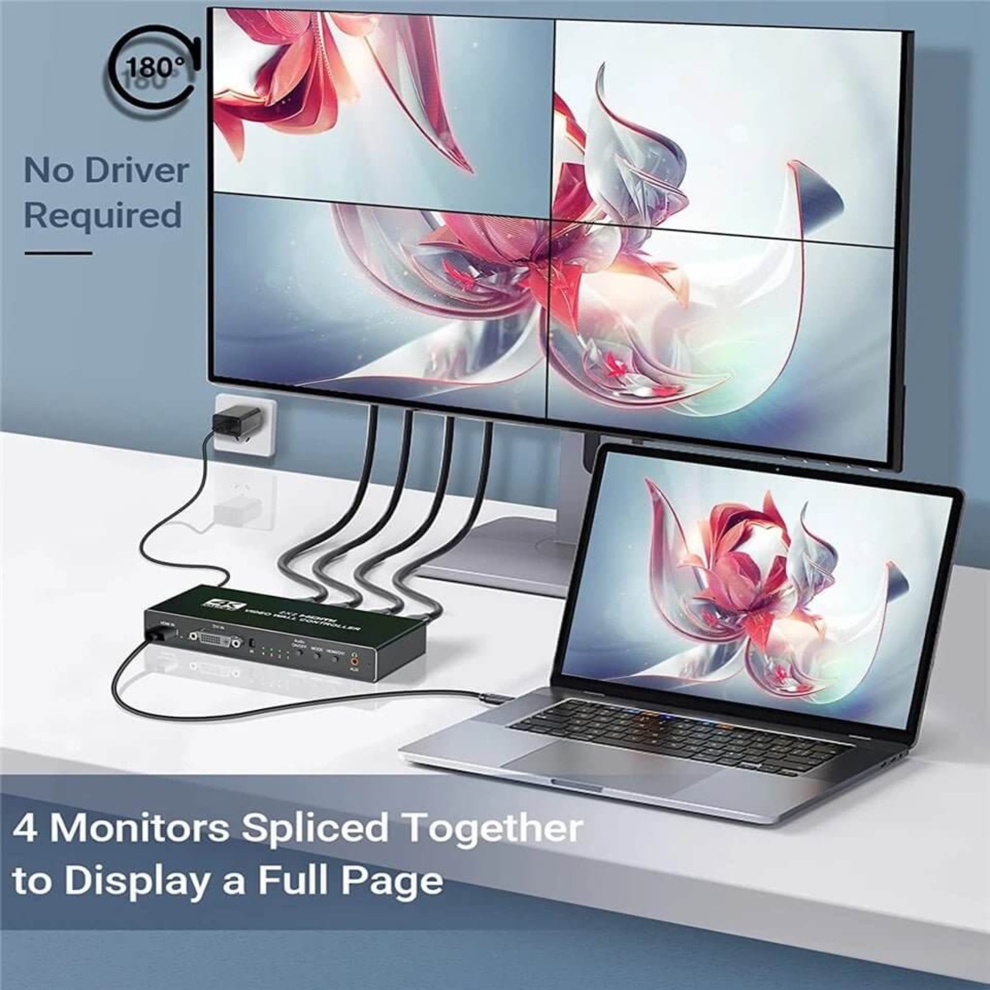 A Navceker 2x2 video wall controller connected to a laptop to create a large 4-monitor display.