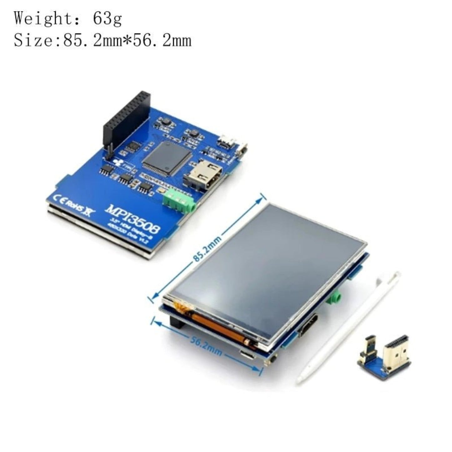 3.5 inch LCD touch screen module for Raspberry Pi, featuring HDMI input and touch control capabilities.