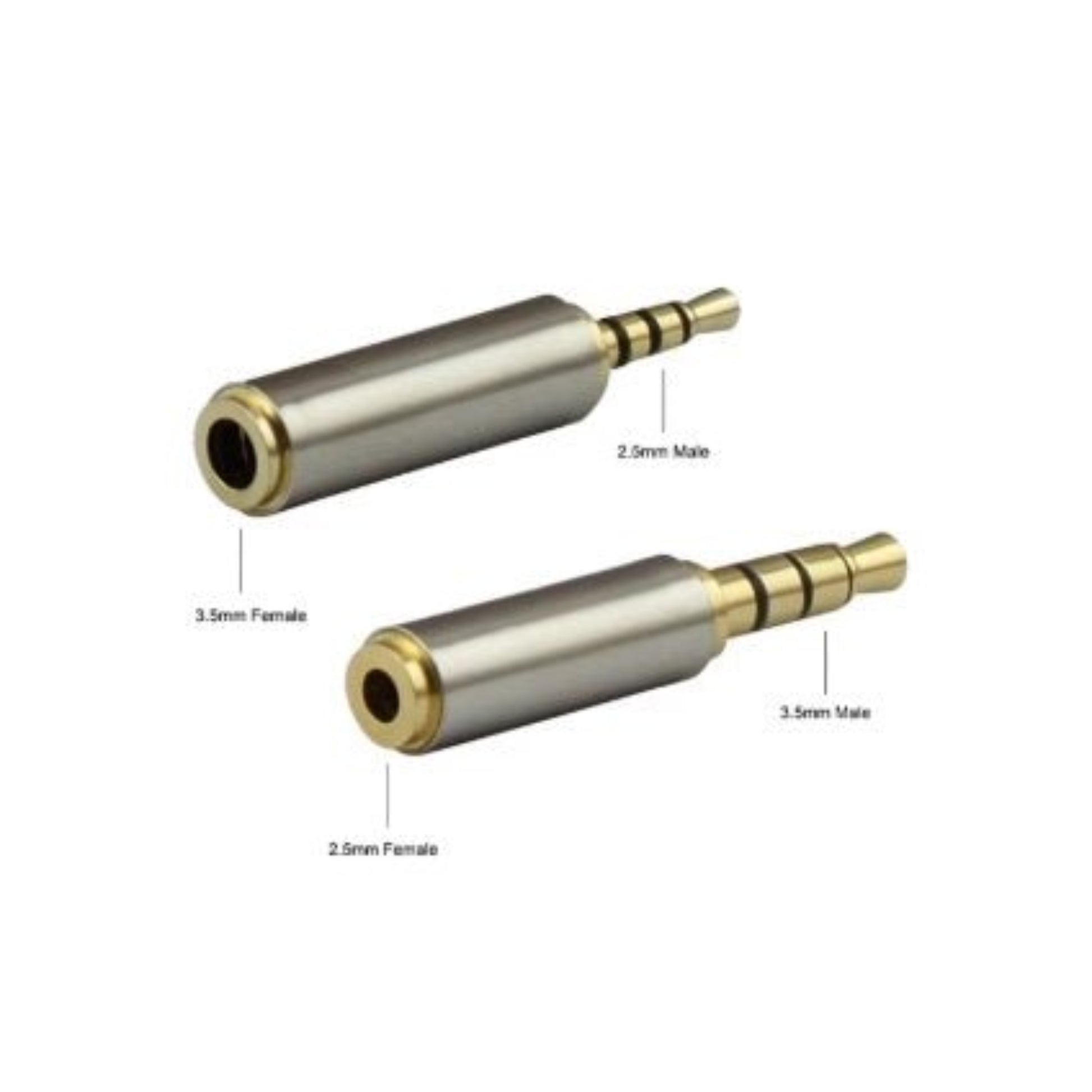 3.5mm to 2.5mm audio adapter with both male and female connectors for stereo headphones and speakers.