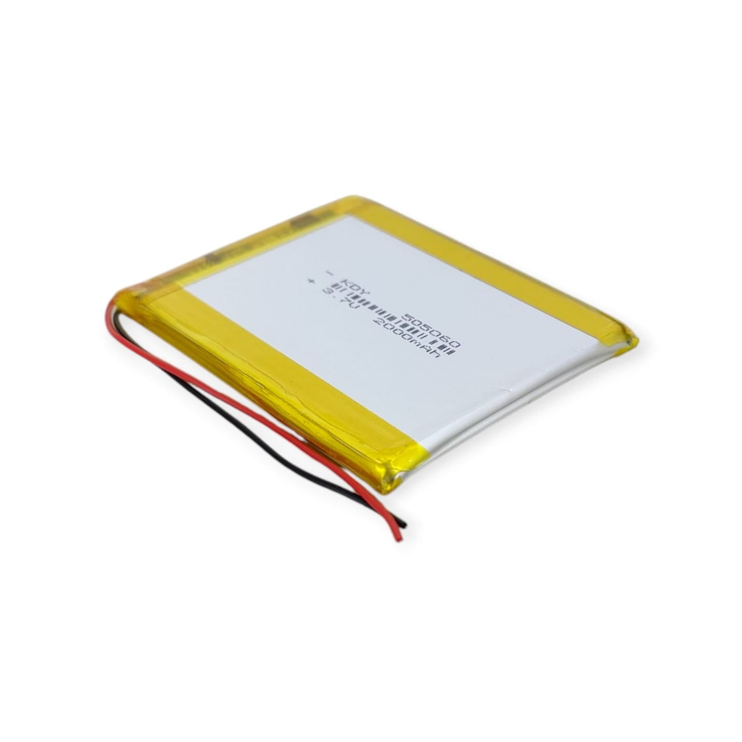 Angled profile view of the 3.7V 2000mAh 5mm thick lithium polymer battery for DIY projects.