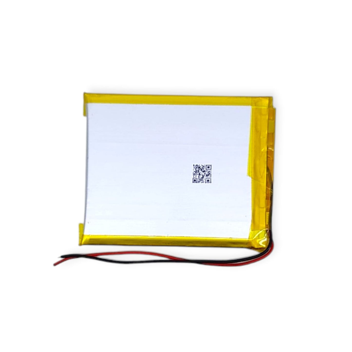 Back view of the 3.7V 2000mAh LiPo battery pack with yellow tape and a QR code.