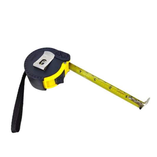 Extended yellow 3-meter retractable tape measure with griplock, highlighting metric and imperial markings.