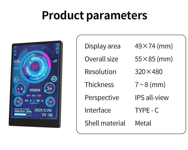 Product parameters for 3.5-inch IPS mini monitor, including display area, size, resolution, thickness, viewing angle, interface (Type-C), and shell material (Metal).