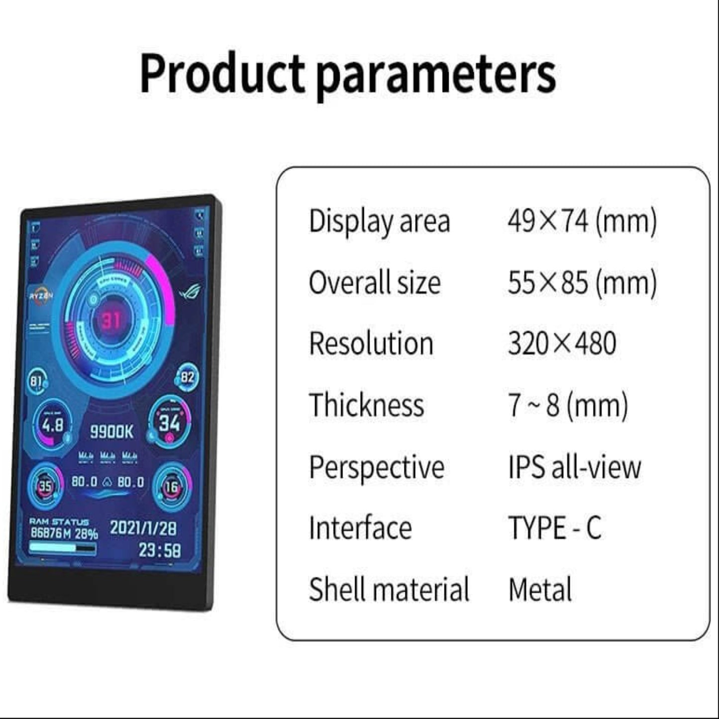3.5" IPS Mini Monitor parameters showing display size, resolution, and Type-C interface for PC system monitoring.