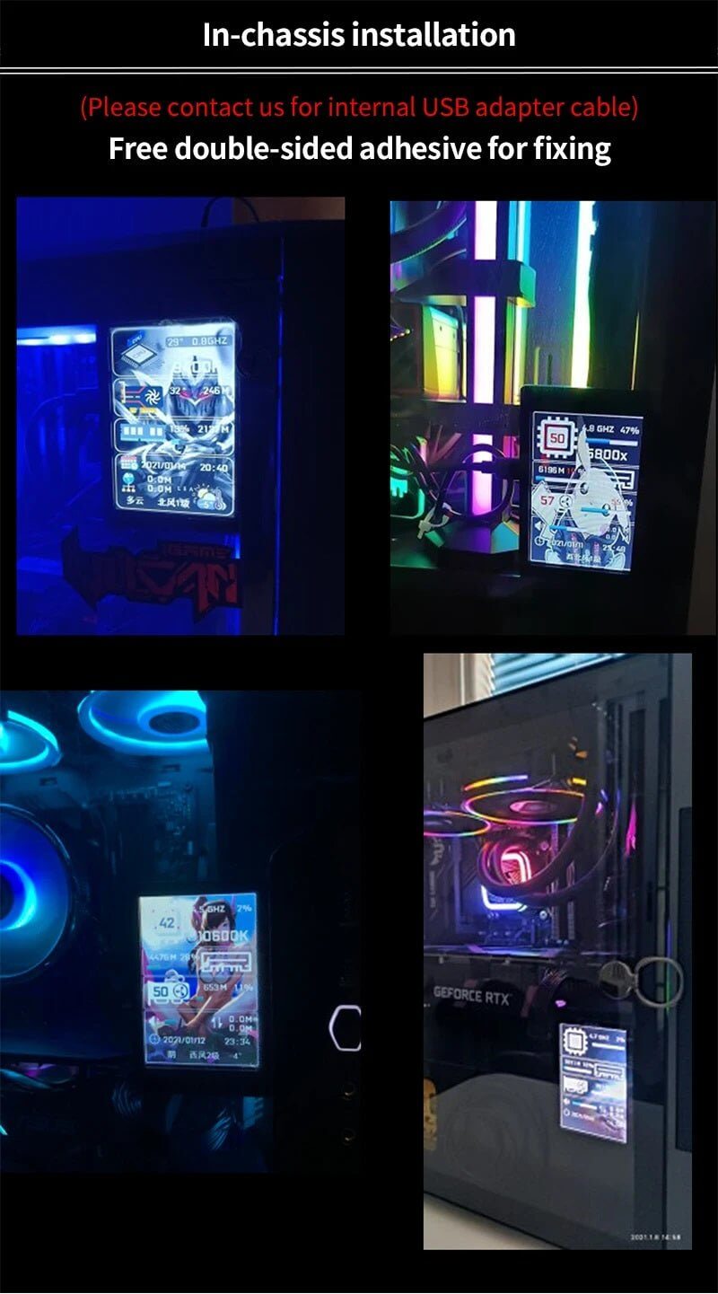 3.5 吋迷你顯示器安裝於不同電腦機箱內部的示例,展示其小巧尺寸和顯示效果。