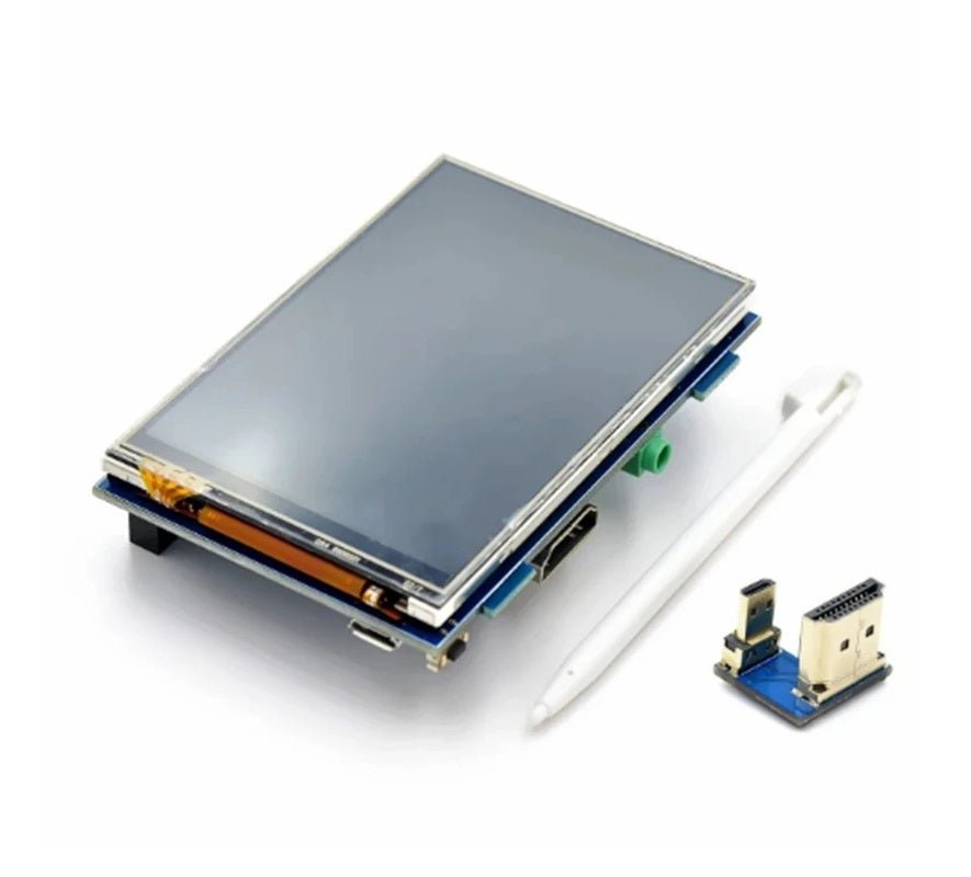 3.5 inch LCD touch screen display for Raspberry Pi, includes HDMI connector, stylus, and touch control components.