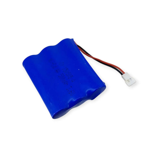 Side view of a blue 3.6V 500mAh NiMH rechargeable battery pack with a 2-pin connector.